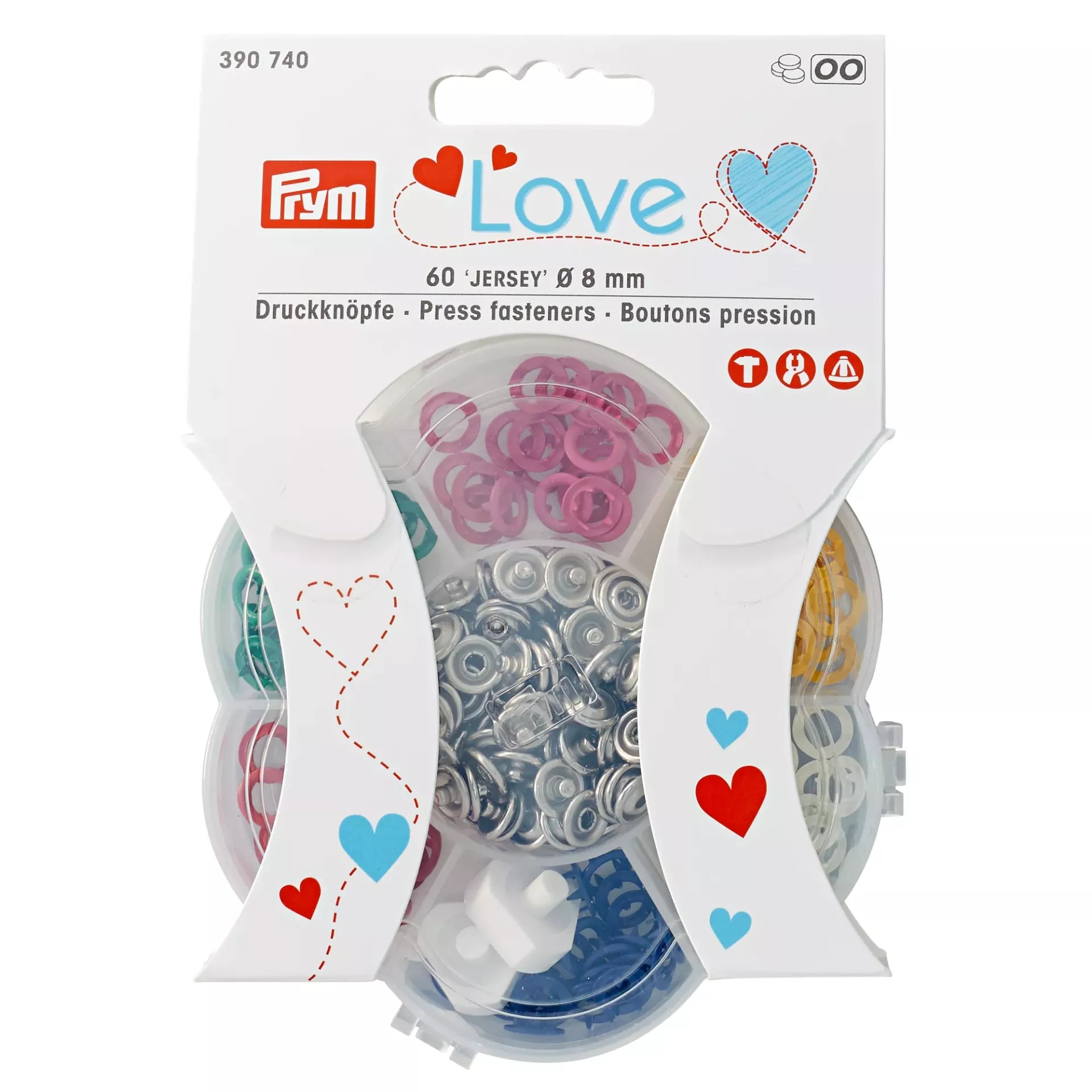 Prym Love flower-shaped storage box with 60 multicoloured 8mm jersey snap fasteners.