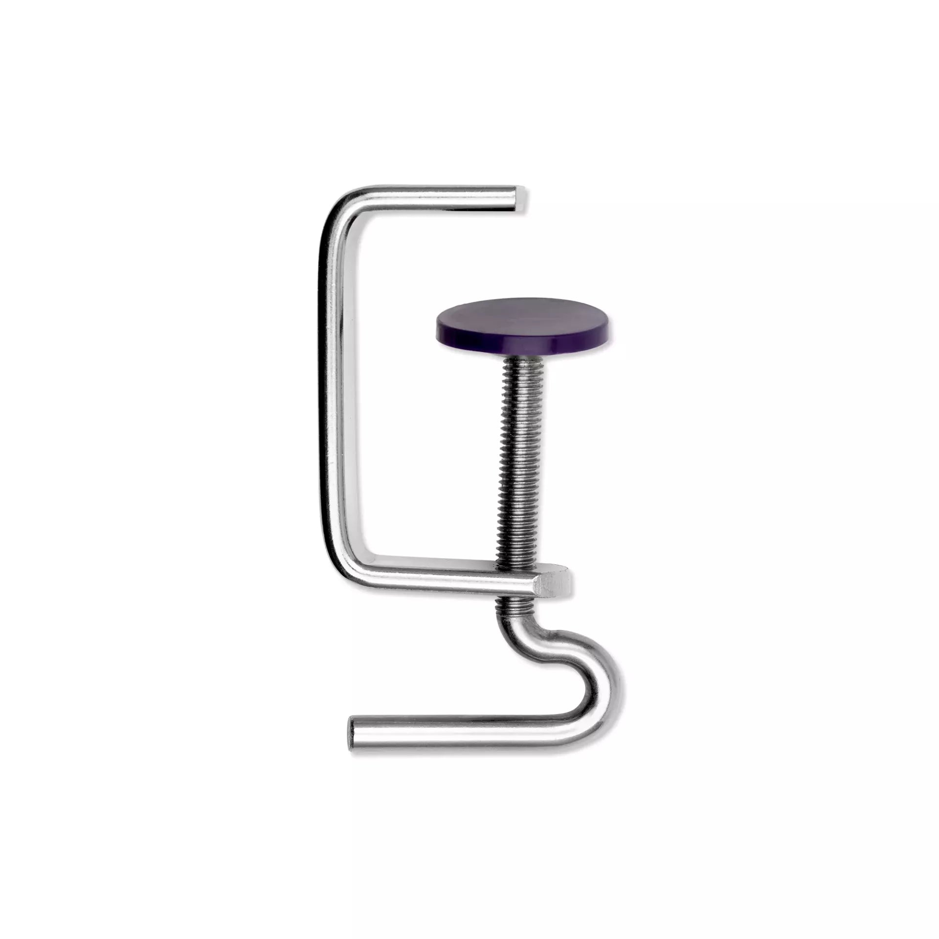 Silver-colored metal table clamp with a violet circular top for the Prym Vario Creative Tool.