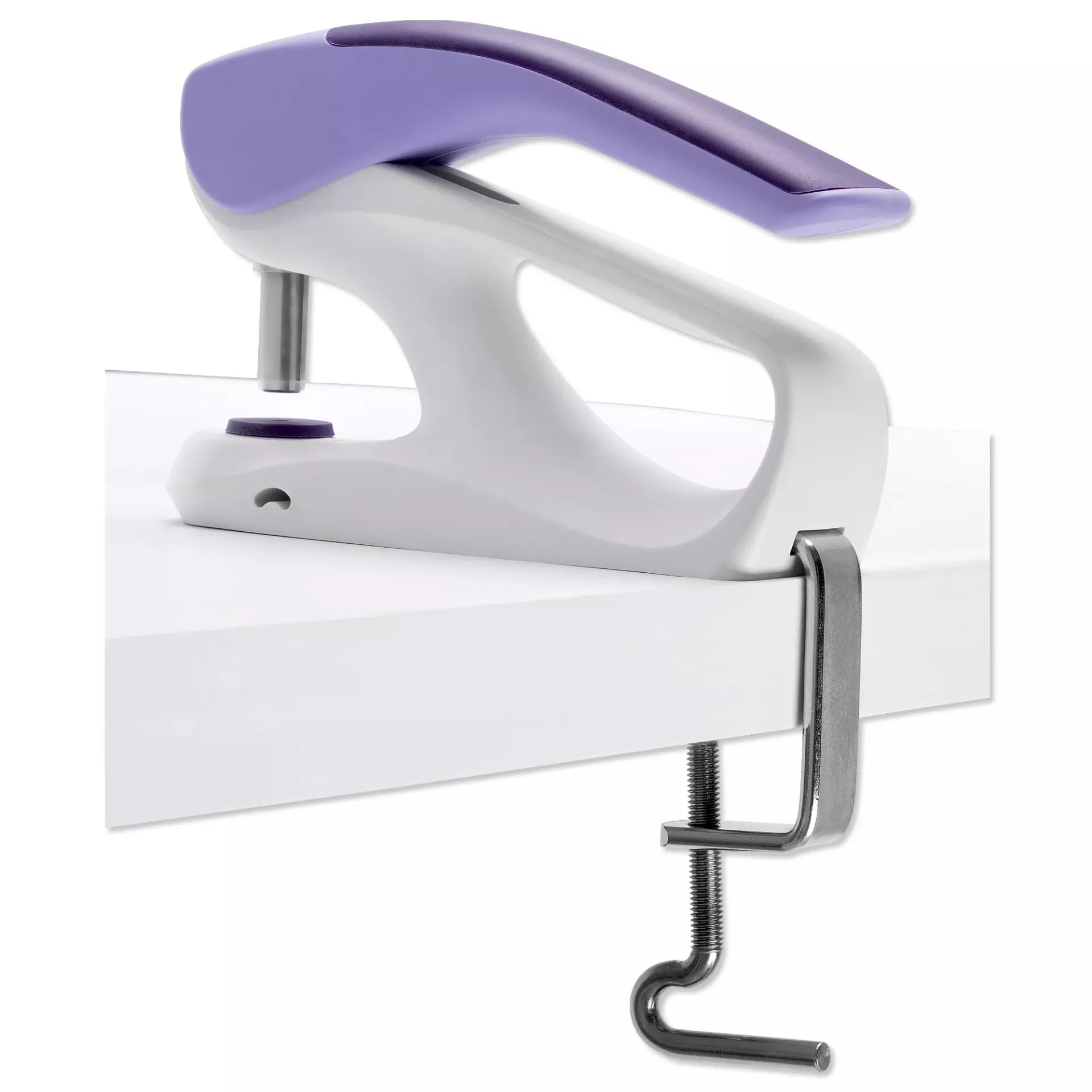 Silver-colored metal table clamp attached to a white and violet Vario Creative Tool on a tabletop.