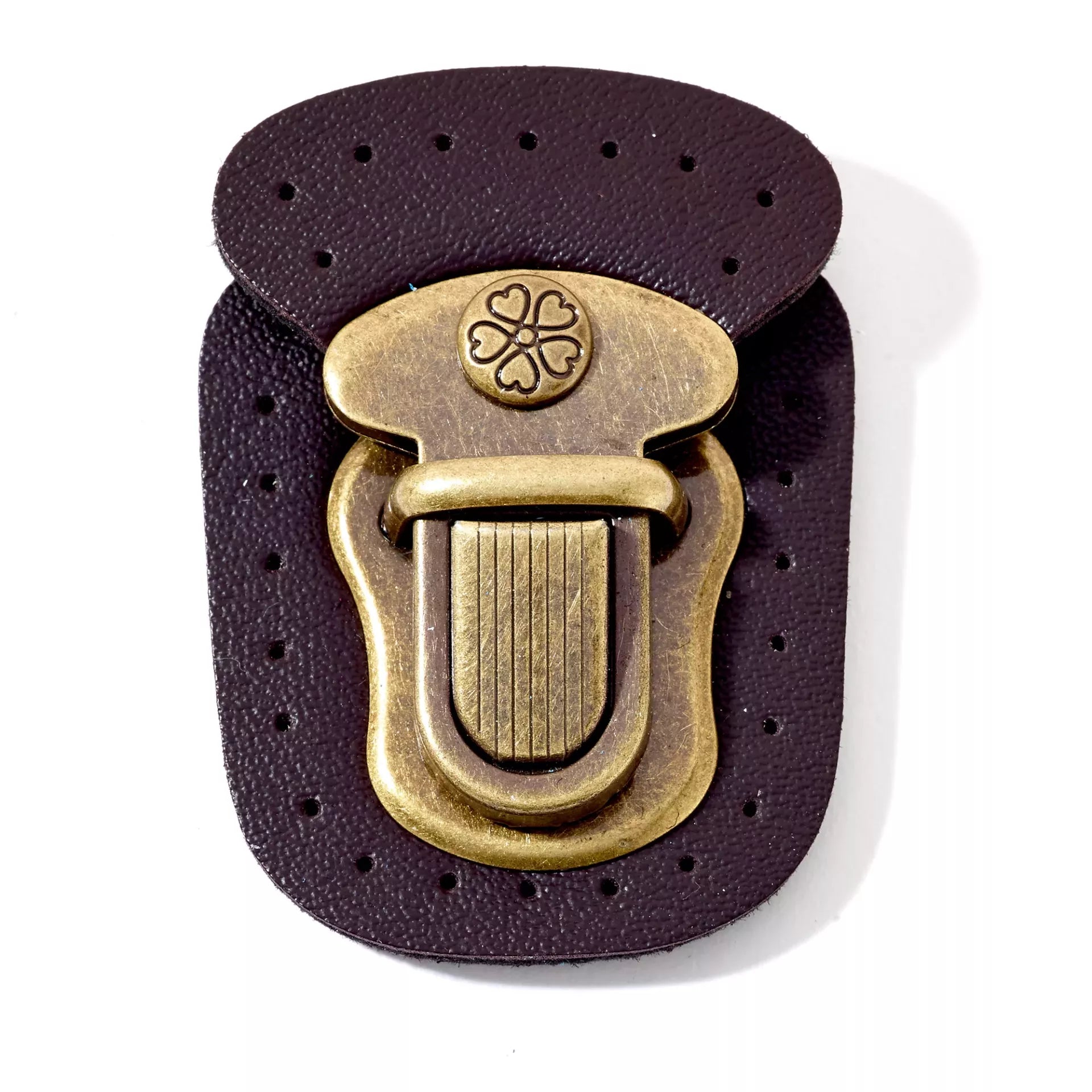 Prym tuck lock for sewing featuring dark brown imitation leather and antique brass metal hardware.