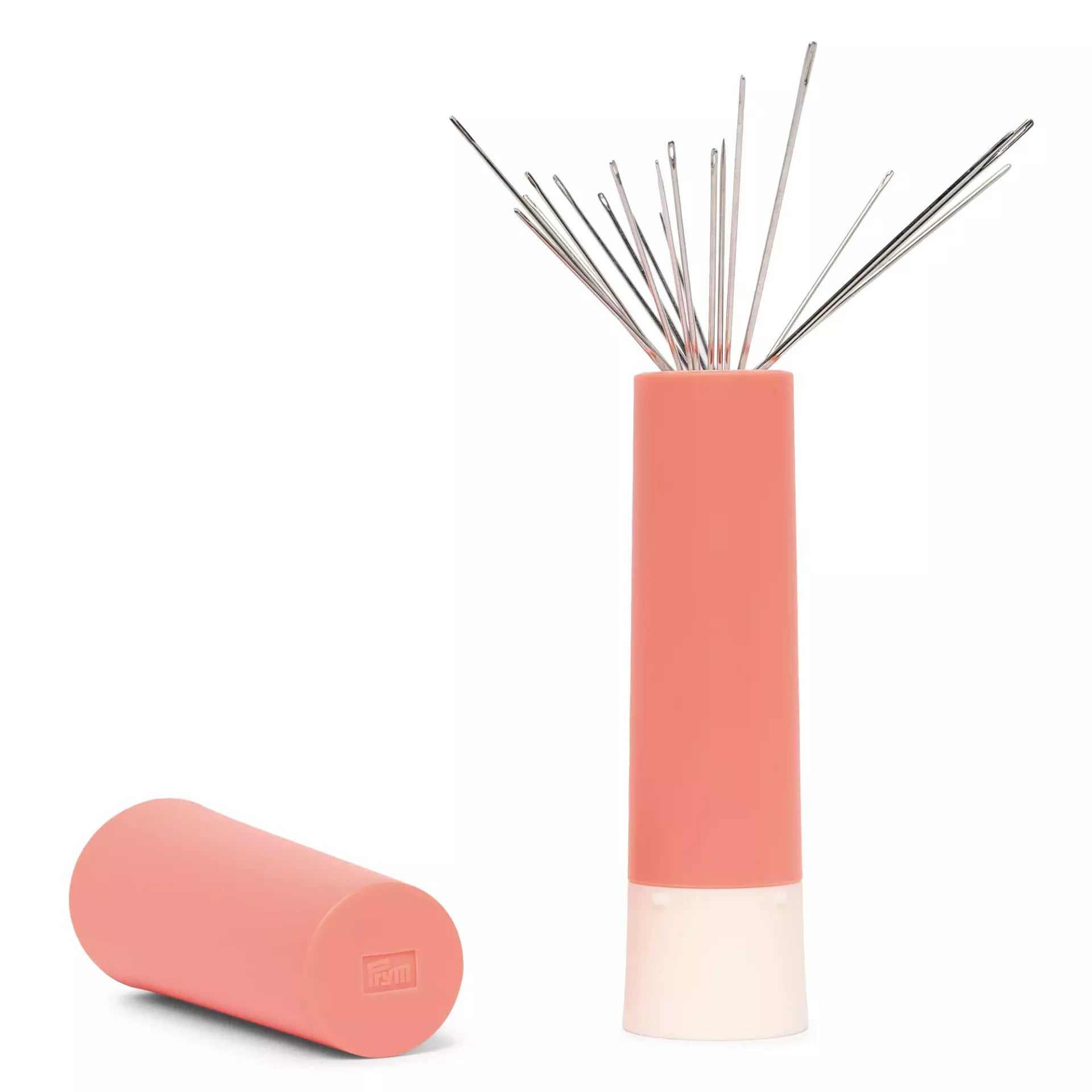 Apricot Prym Needle Twister with 19 fanned-out sewing and darning needles and a separate cap.