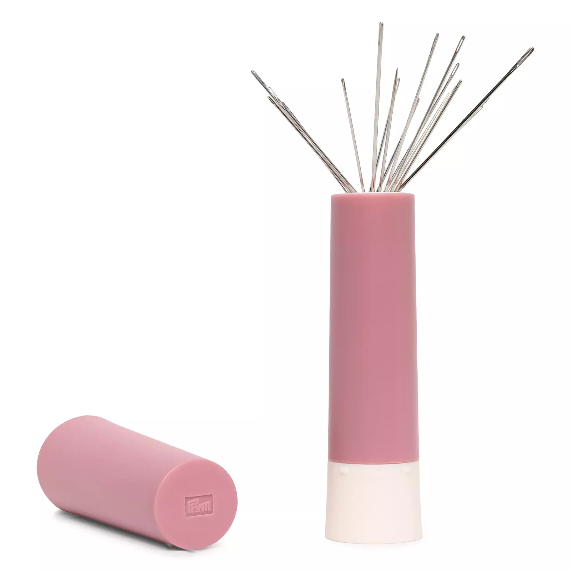 Berry-colored Prym needle twister with 19 fanned-out sewing and darning needles.