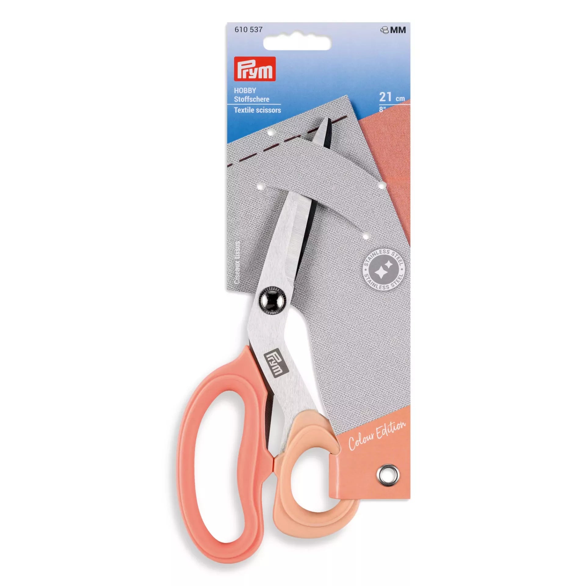 Prym Hobby 21cm stainless steel textile scissors with apricot-colored soft-grip handles.