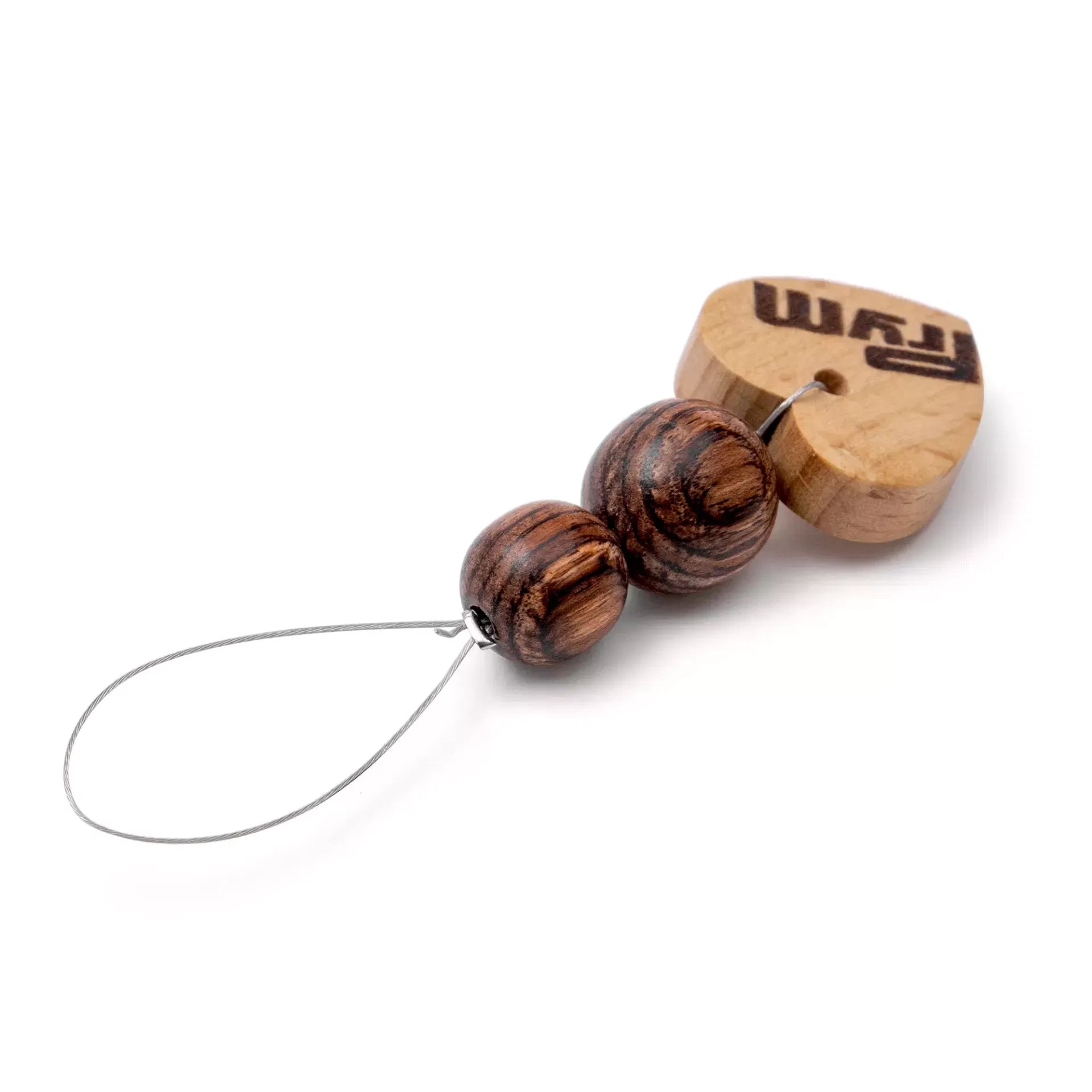 Prym heart-shaped stitch marker made of untreated wood with two dark beads on a wire loop.