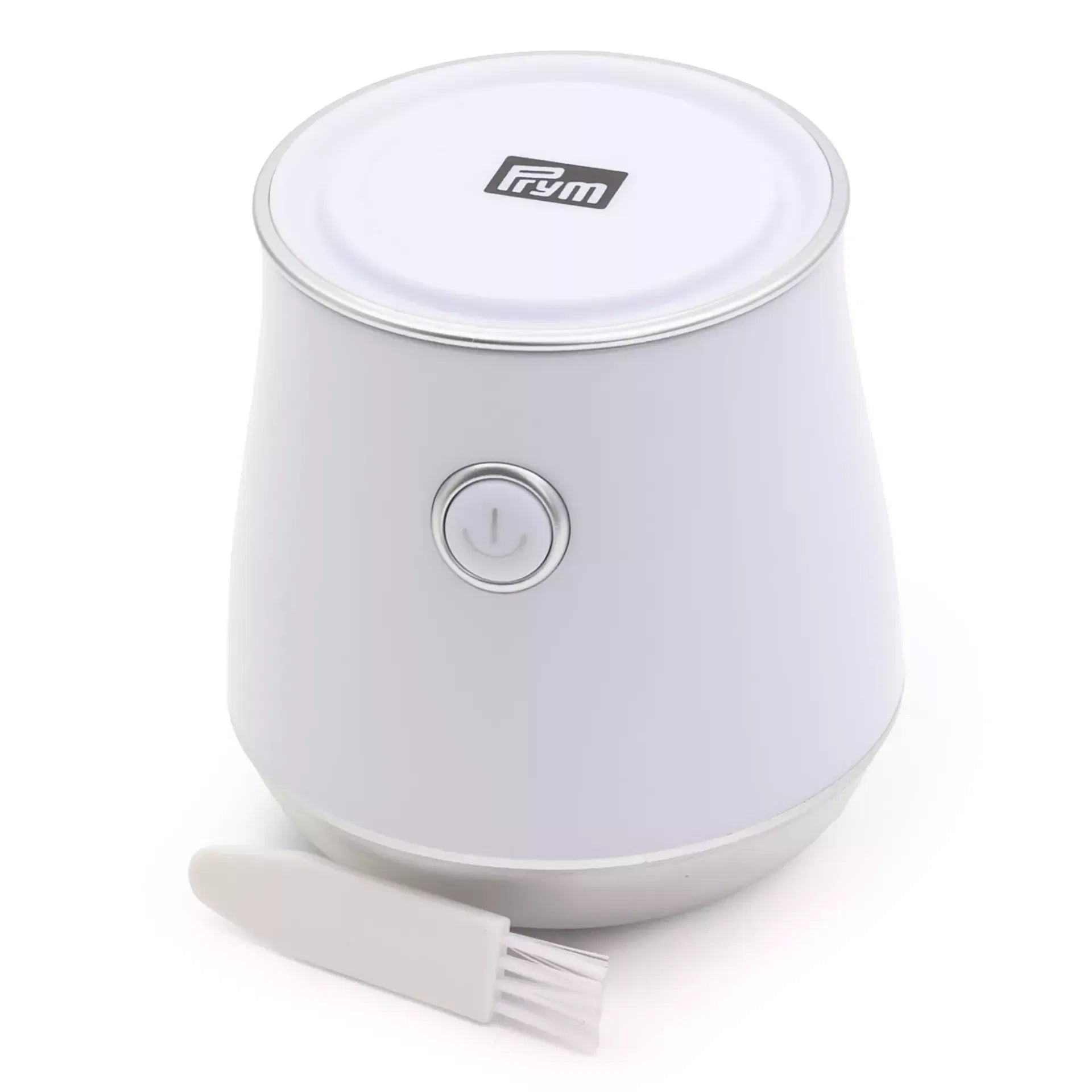 Prym white battery-operated lint shaver with a power button and a small cleaning brush.