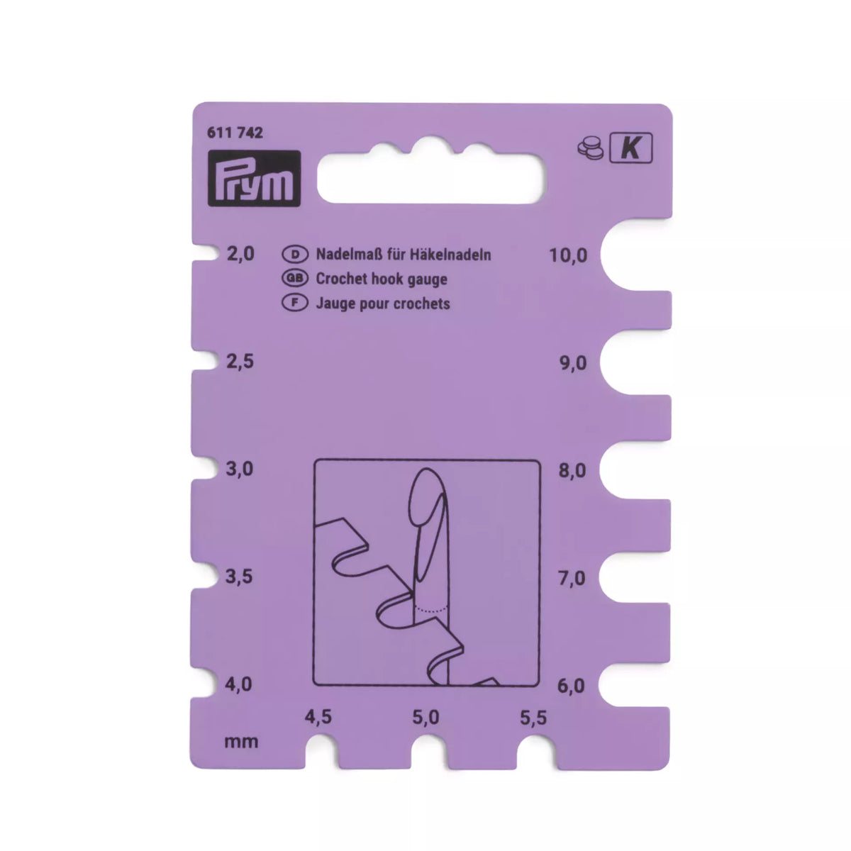 Purple Prym crochet hook gauge with 13 measuring slots ranging from 2.0 mm to 10.0 mm.