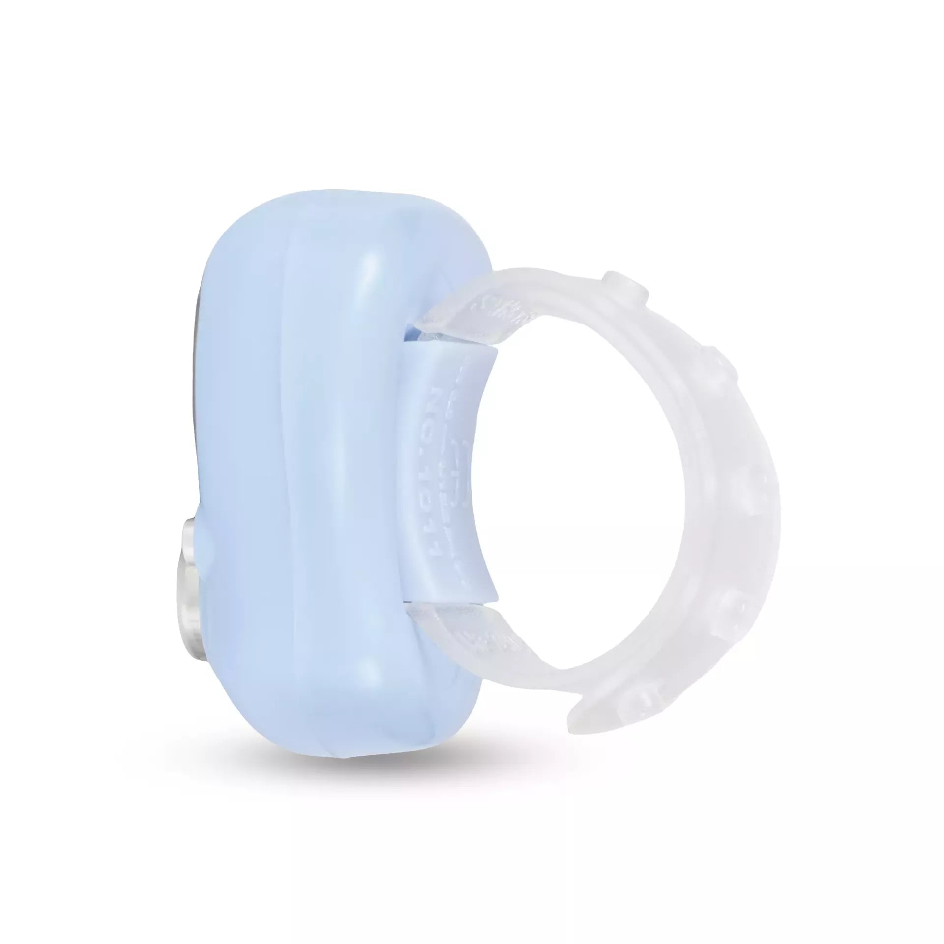 Side view of a light blue digital row counter with a clear, adjustable silicone finger strap.