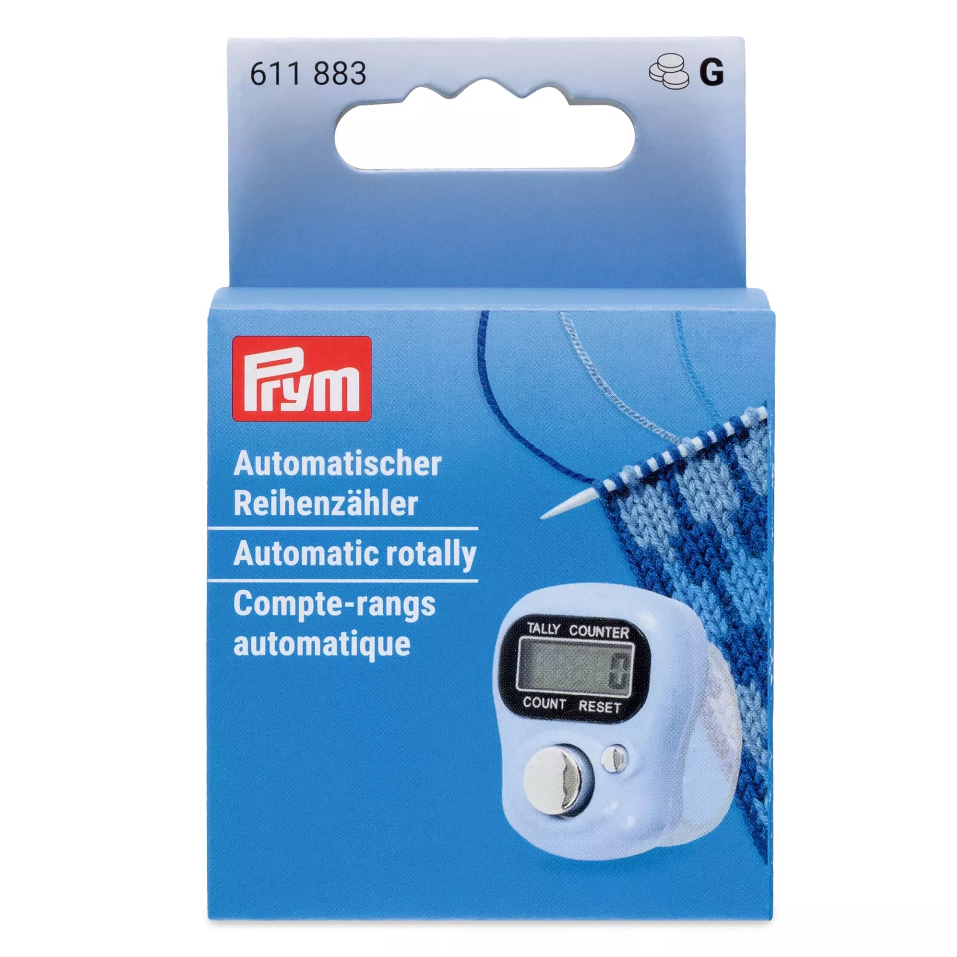 Prym digital row counter in light blue packaging with a finger-worn automatic stitch counter.