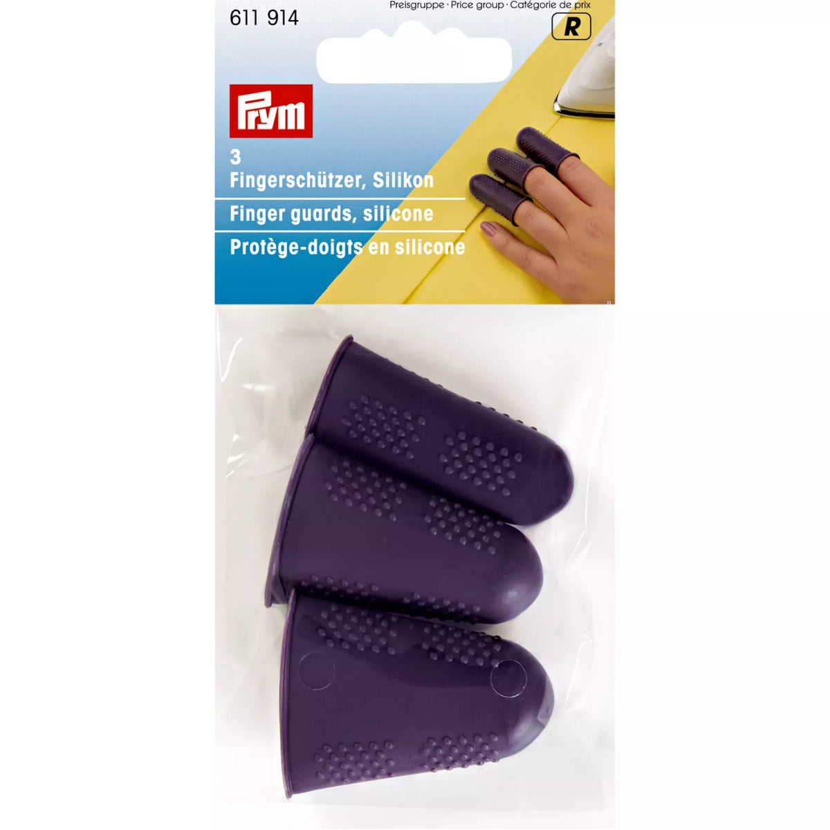 Prym set of 3 purple silicone finger guards for heat protection while ironing.