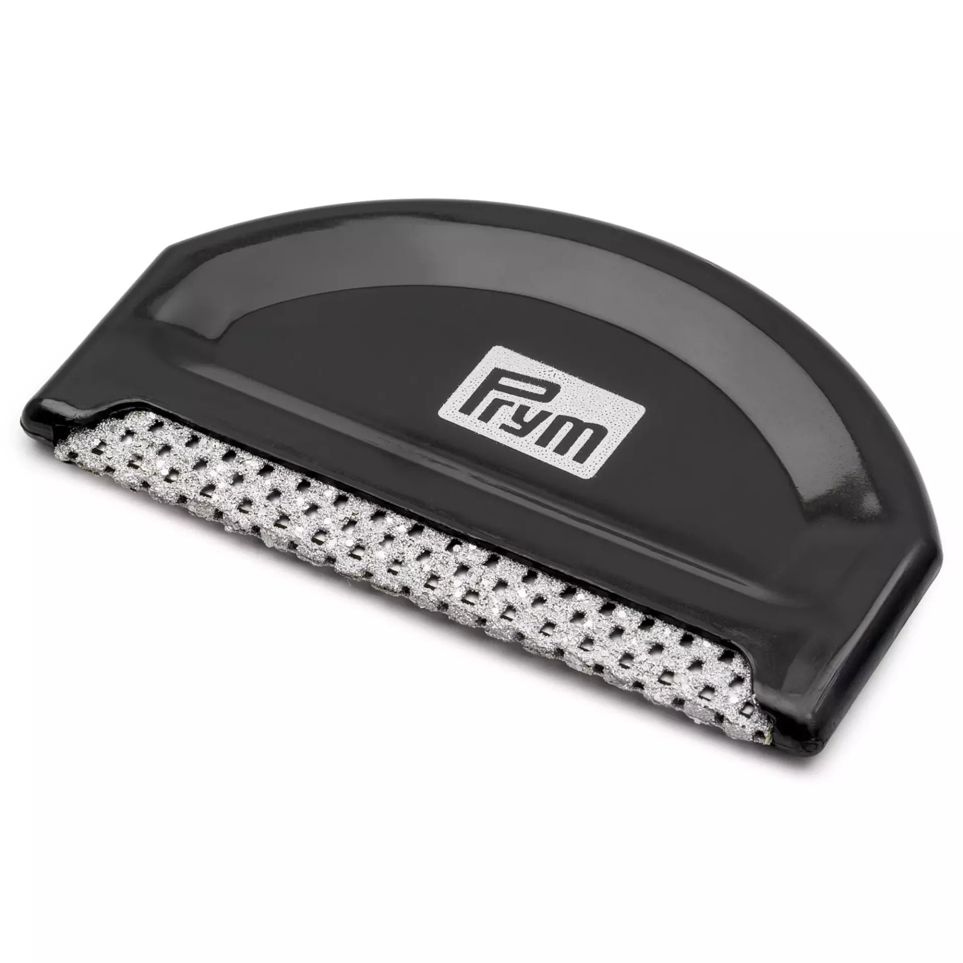 Prym wool comb for knitwear featuring a black plastic handle and a textured metal mesh shaving head.