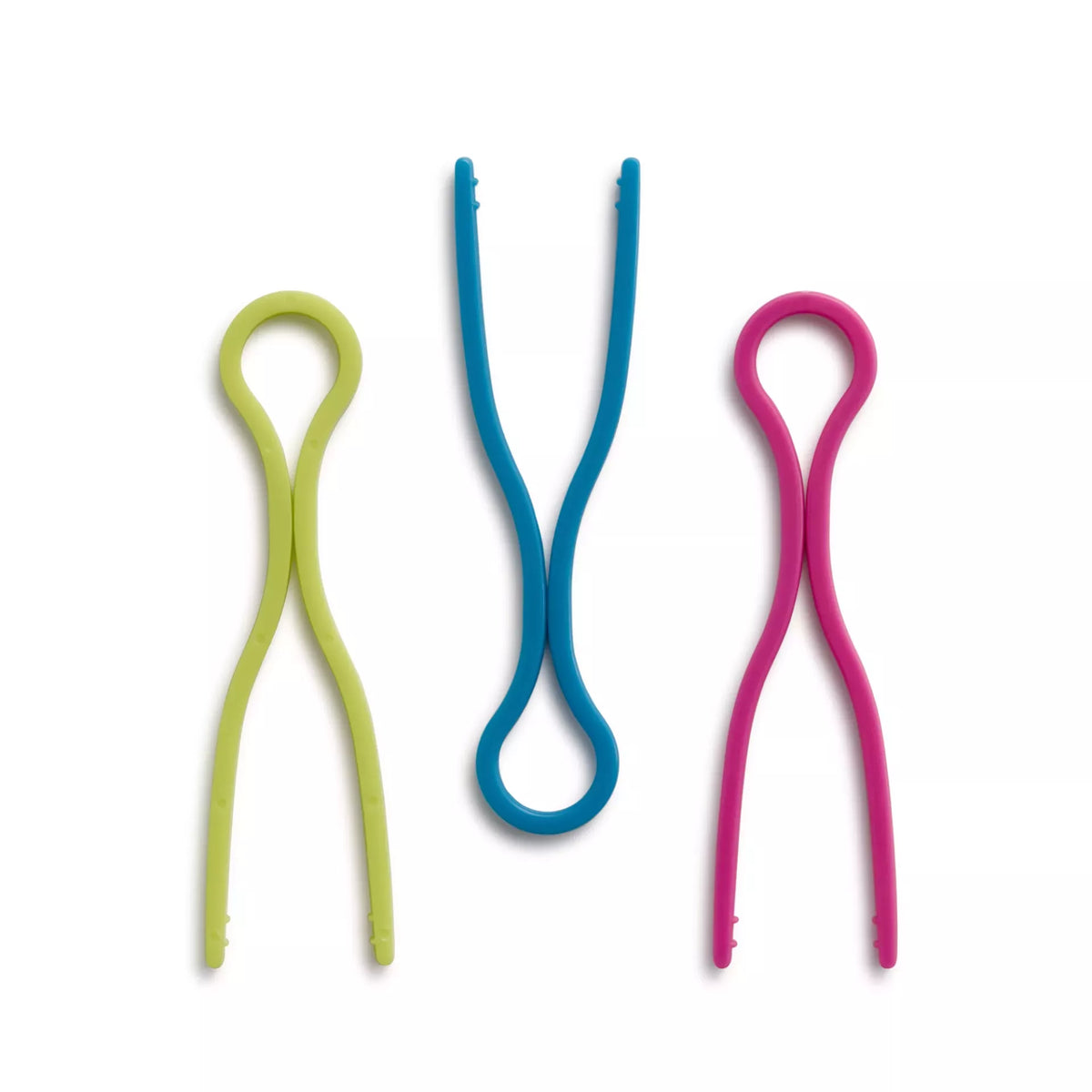 Three plastic bobbin holders in light green, blue, and pink for matching thread spools.