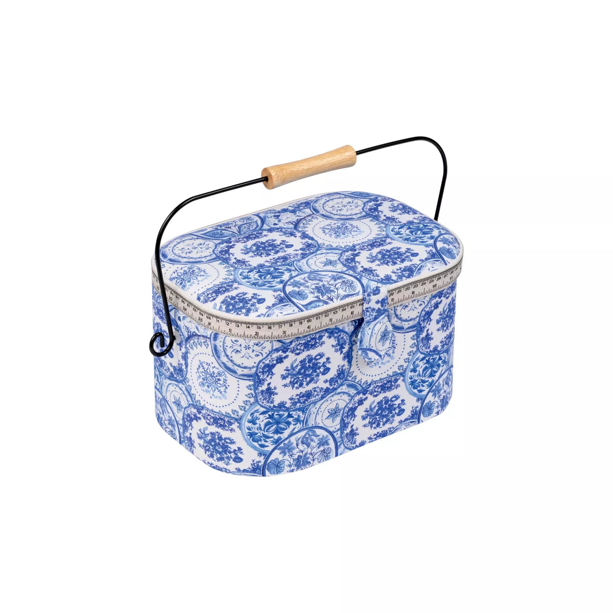 Large oval sewing basket in Delft Blue pattern with iron handle and wooden grip.