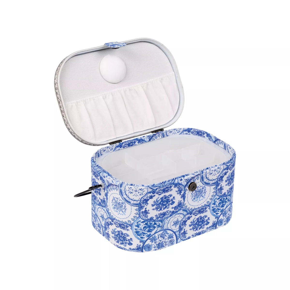 Large oval sewing basket in blue and white Delft Blue pattern with open lid and plastic insert.