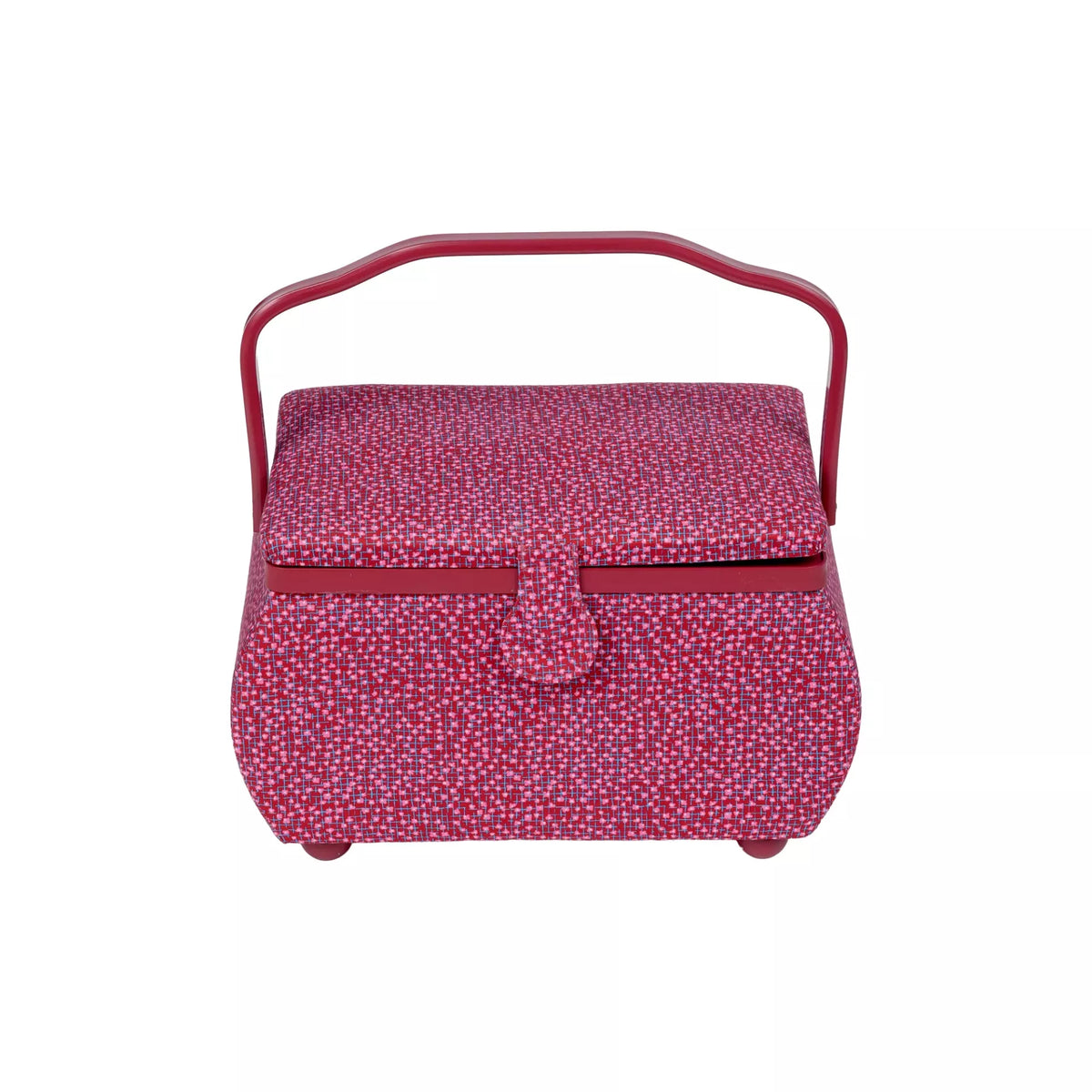 Large burgundy sewing basket with old rose pattern, curved handle, and magnetic tab closure.