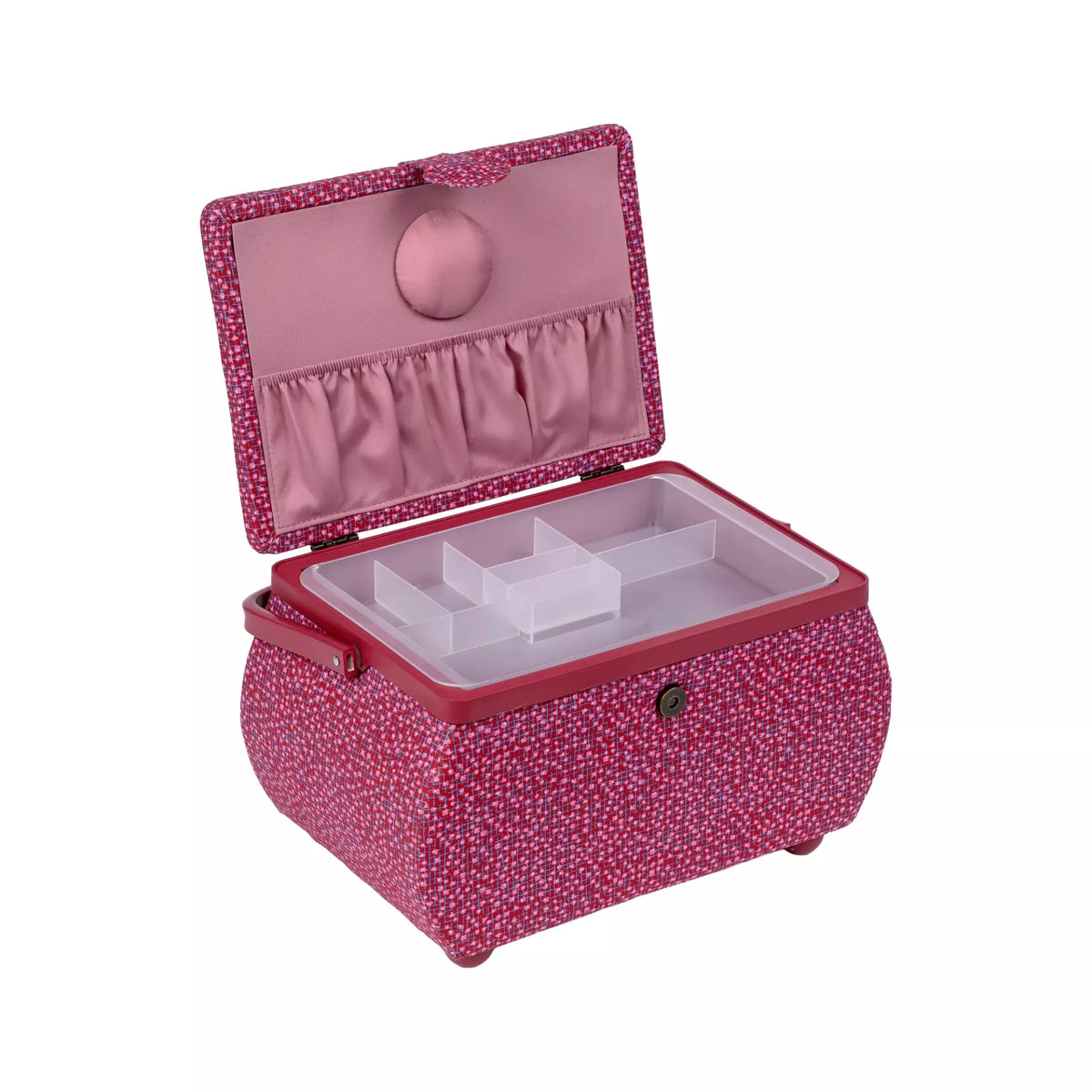 Large burgundy sewing basket with open lid, pin cushion, pocket, and removable plastic tray.