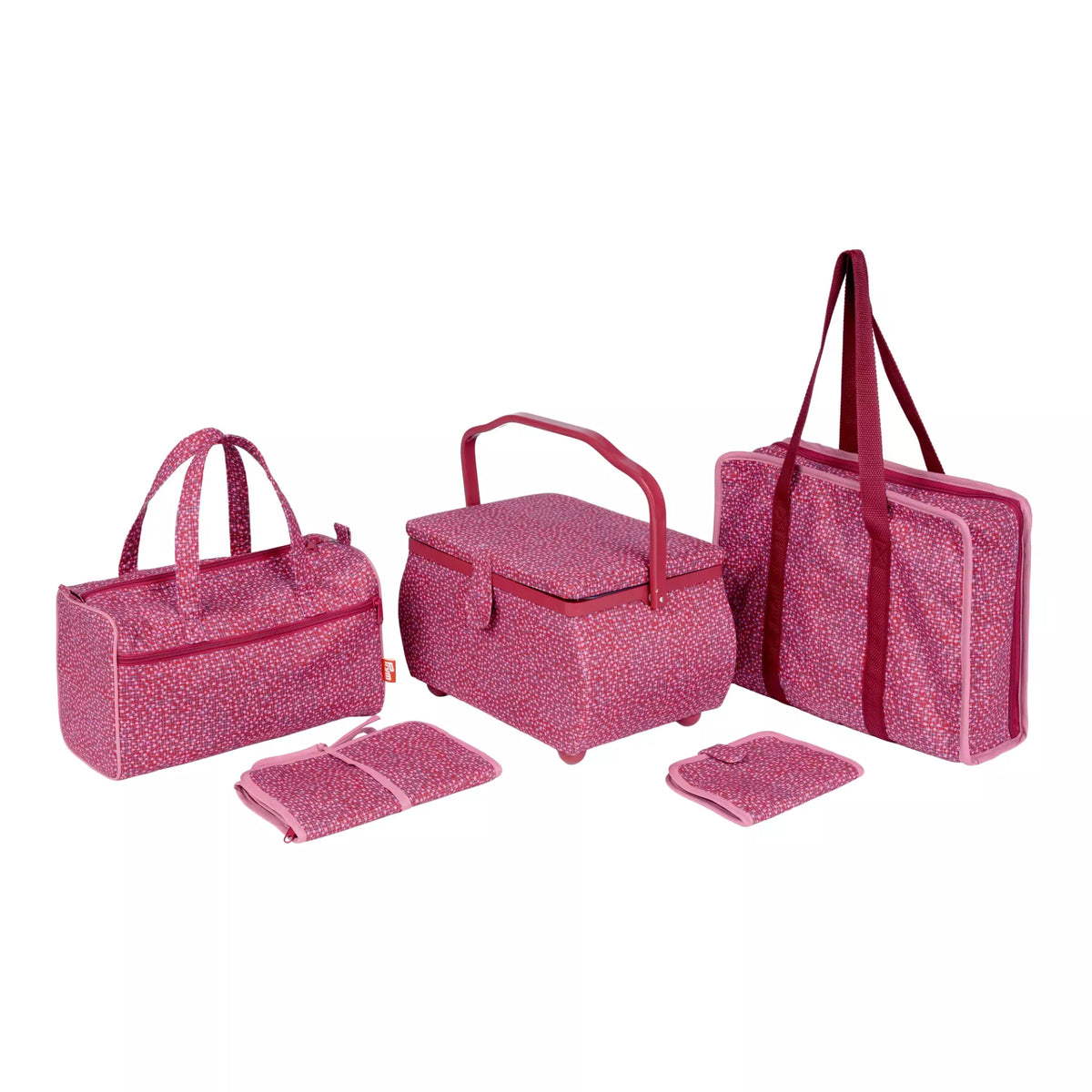 Large burgundy sewing basket set with matching tote bags and accessories in a cherry lacquer pattern.