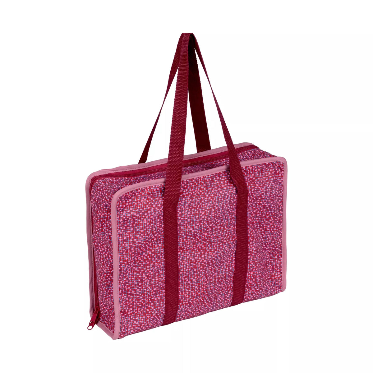 All-in-one burgundy and old rose patterned needlework bag with sturdy shoulder straps.
