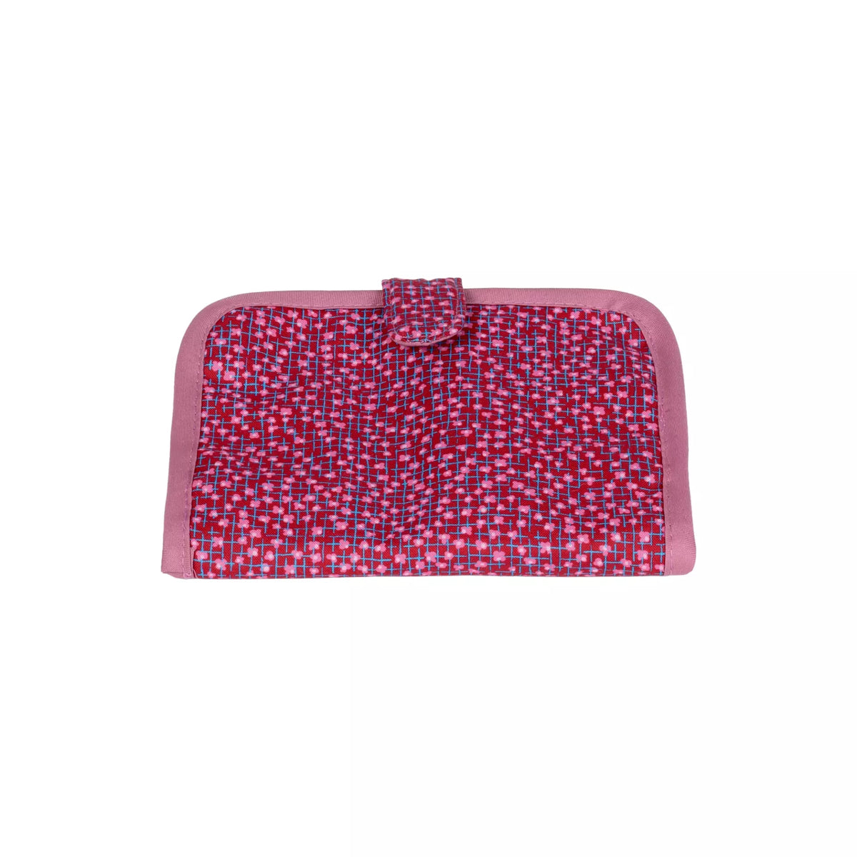 Burgundy and old rose patterned pouch for knitting needle points with a magnetic snap closure.