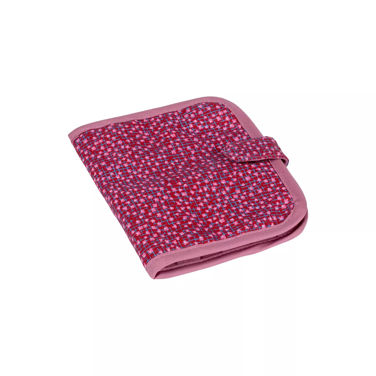 Burgundy and old rose patterned pouch for knitting needle points with a magnetic snap closure.