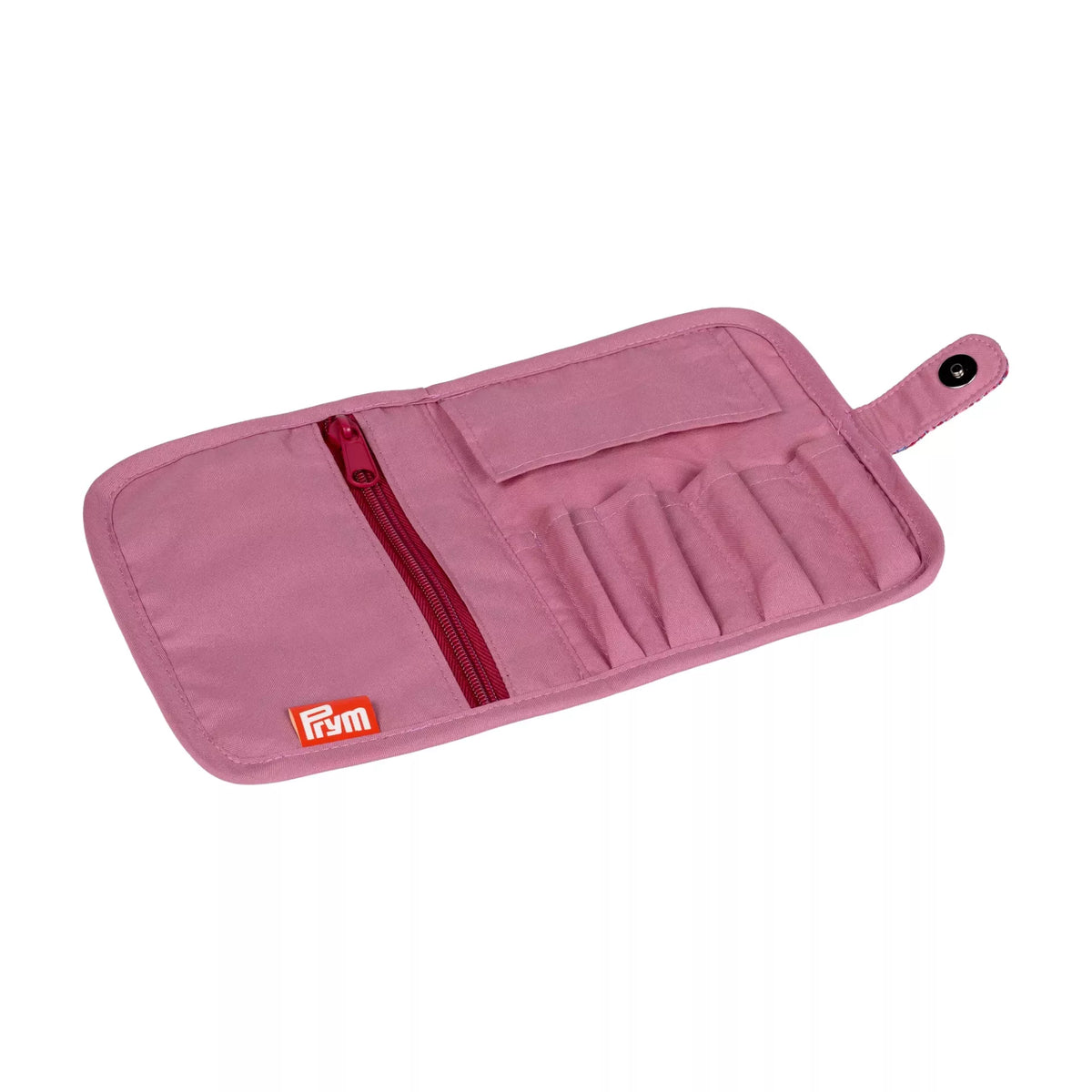 Open burgundy and old rose pouch for knitting needle points with 8 slots and a zipper pocket.