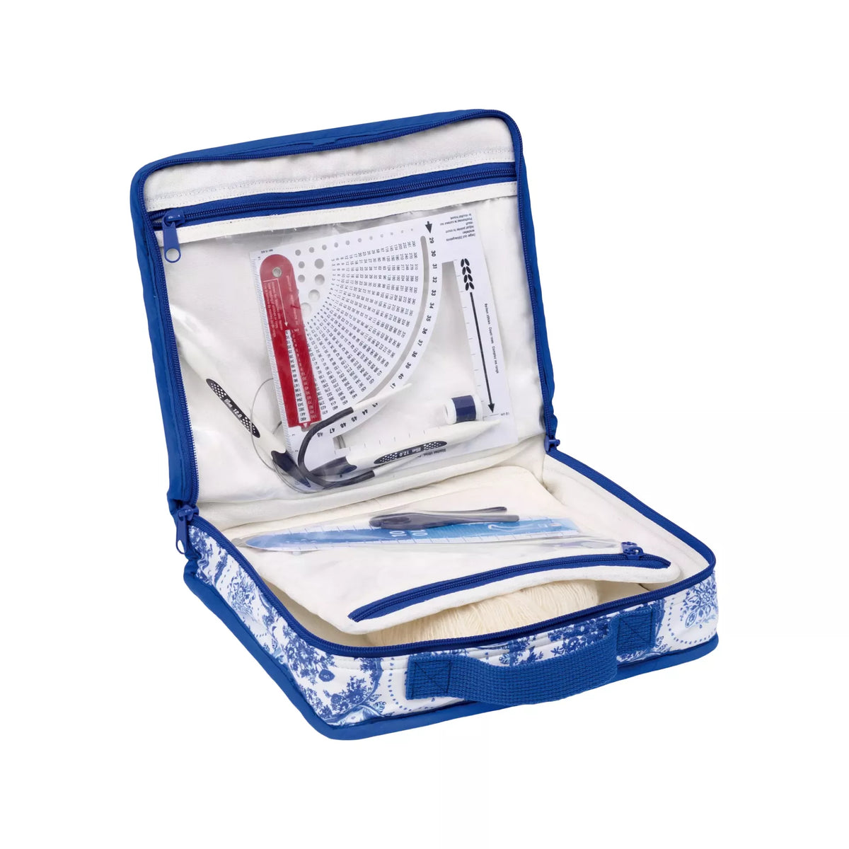 Open All-in-one bag Mini in Delft Blue pattern with knitting tools in transparent zip pockets.
