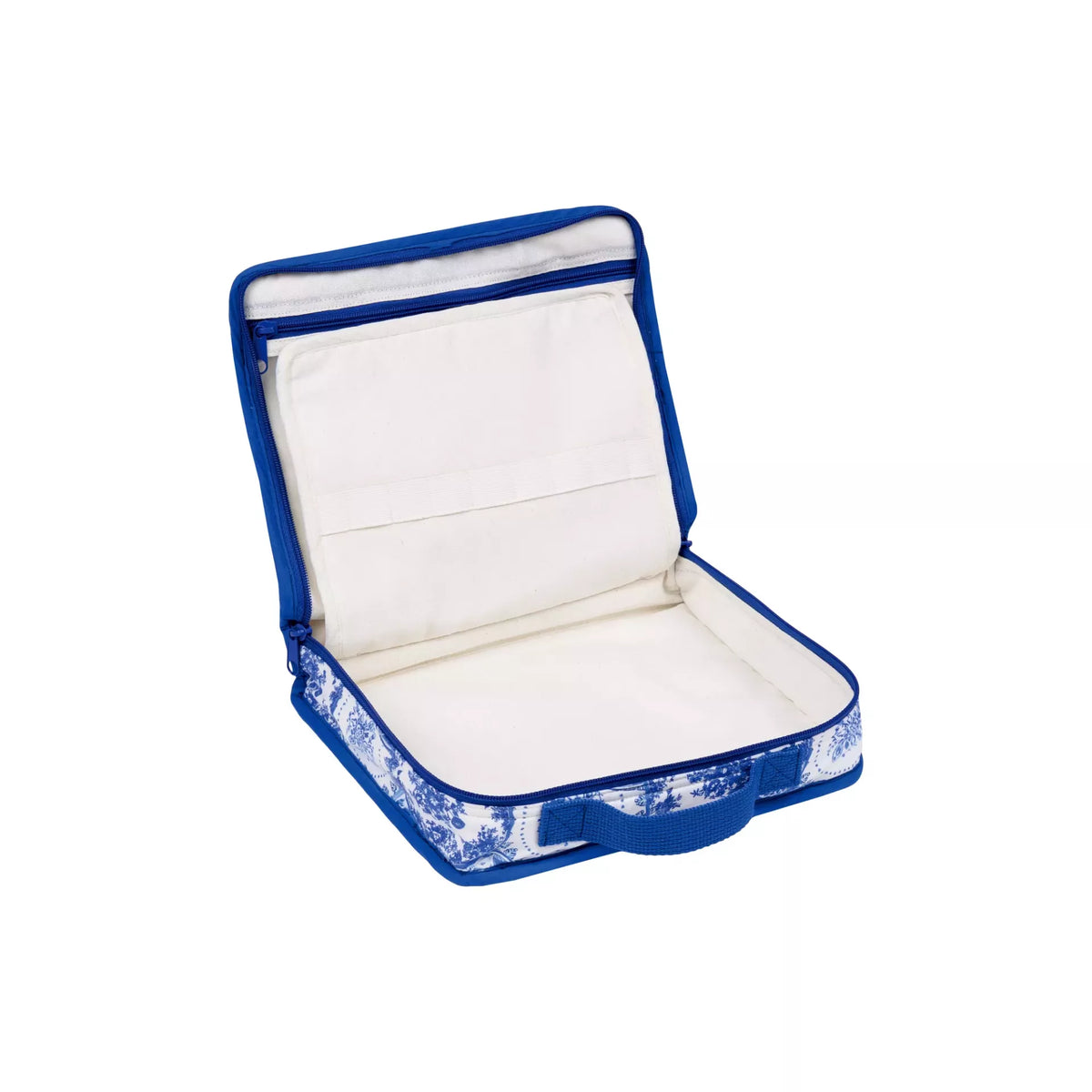 Open All-in-one bag Mini in Delft Blue pattern with white interior, zip pockets, and carry handle.