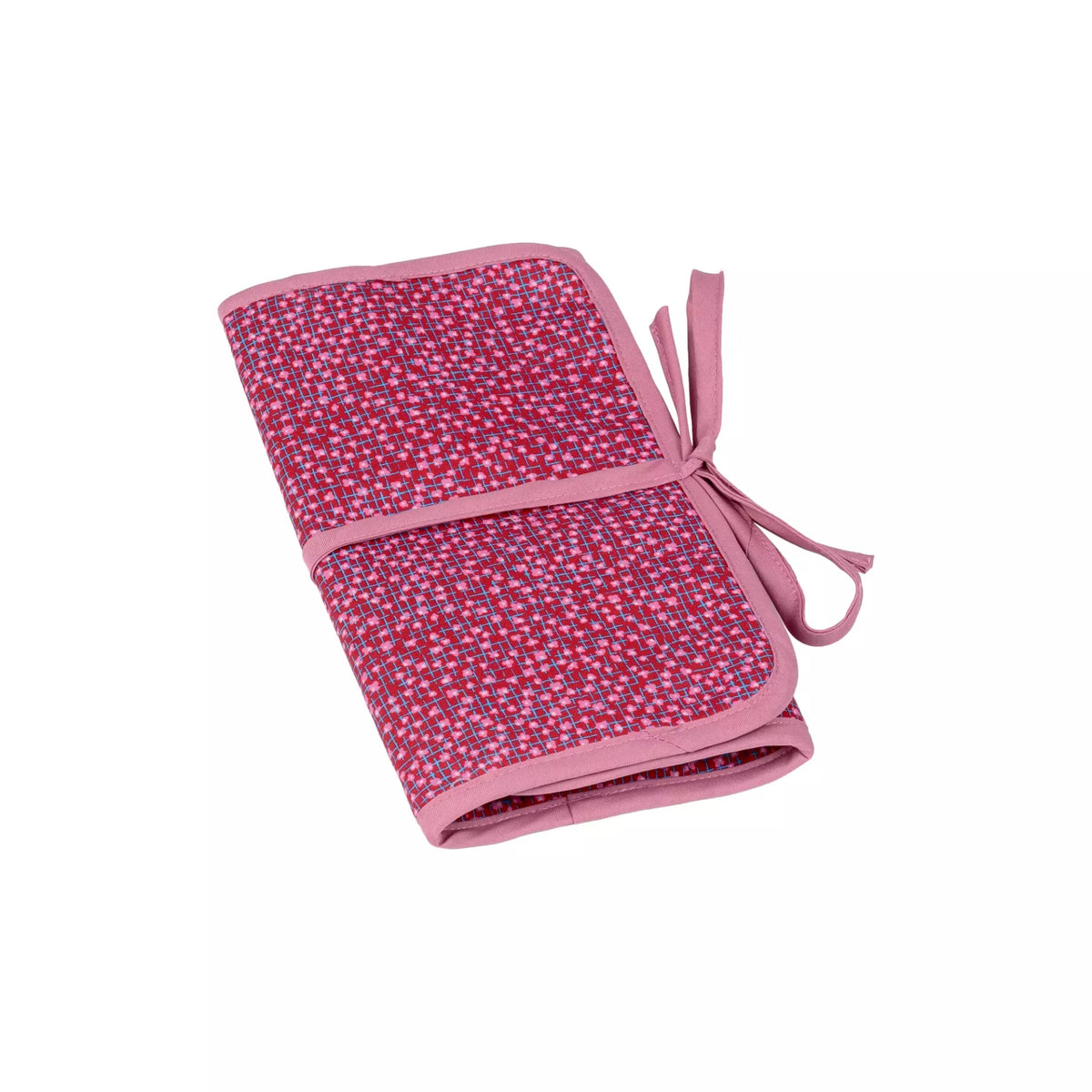 Rolled burgundy and old rose patterned cotton needle case with a ribbon tie closure.