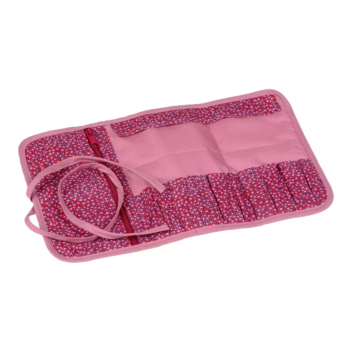 Open burgundy and old rose cotton needle case with ten compartments and a zip pocket.