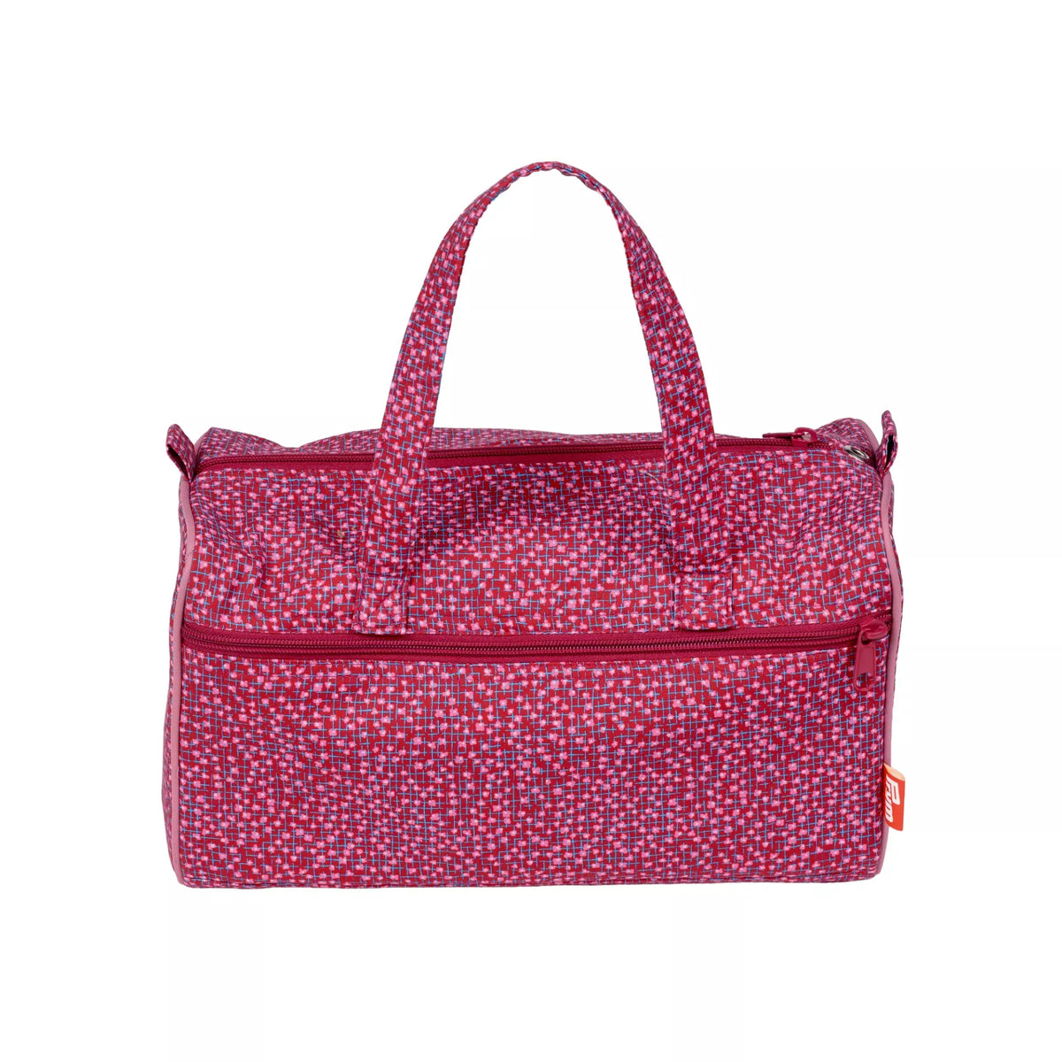 Burgundy project bag with a cherry lacquer pattern, two handles, and a front zippered pocket.