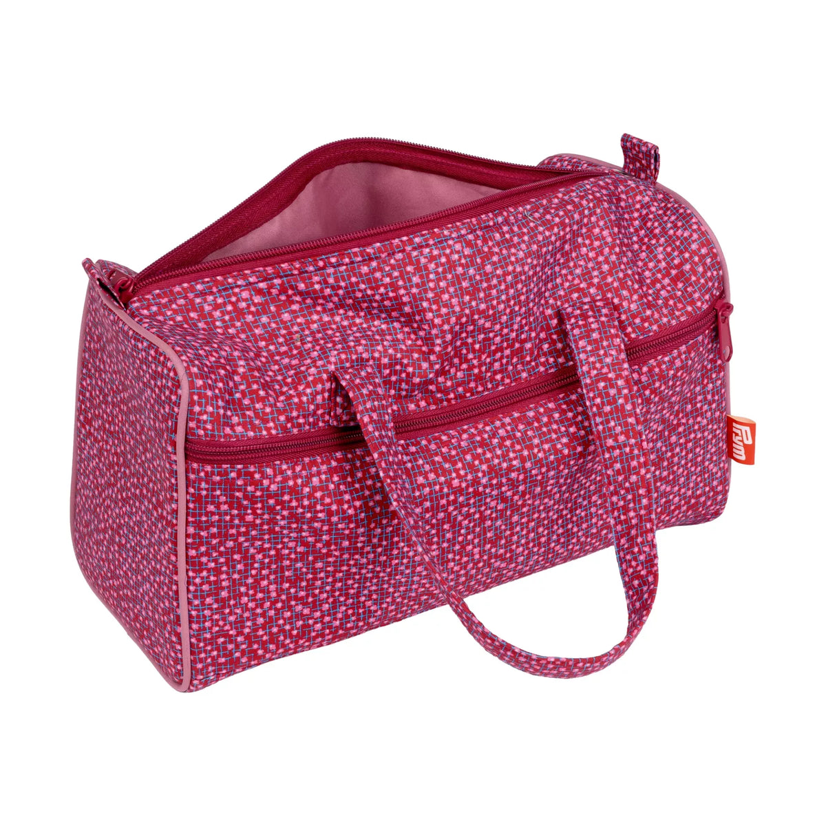 Burgundy project bag with a cherry lacquer pattern, open top, and side zipper pocket.