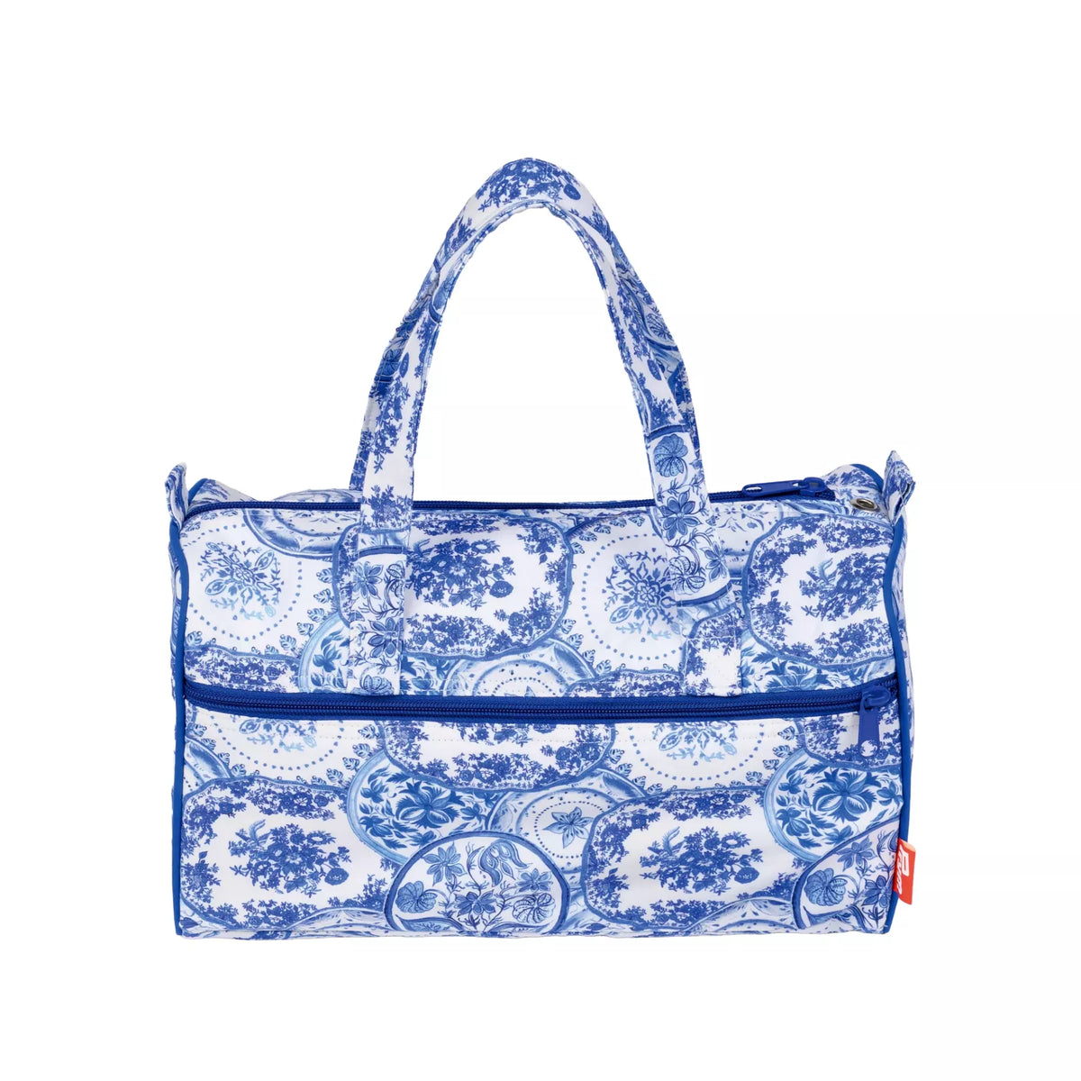 Compact project bag with a blue and white Delft Blue floral pattern and two carrying handles.