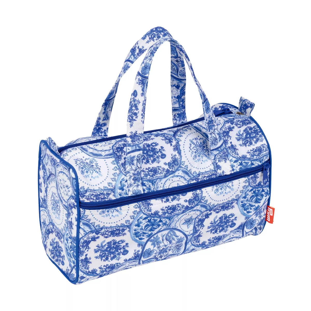Project bag in Delft Blue floral pattern with handles and zipper closure.