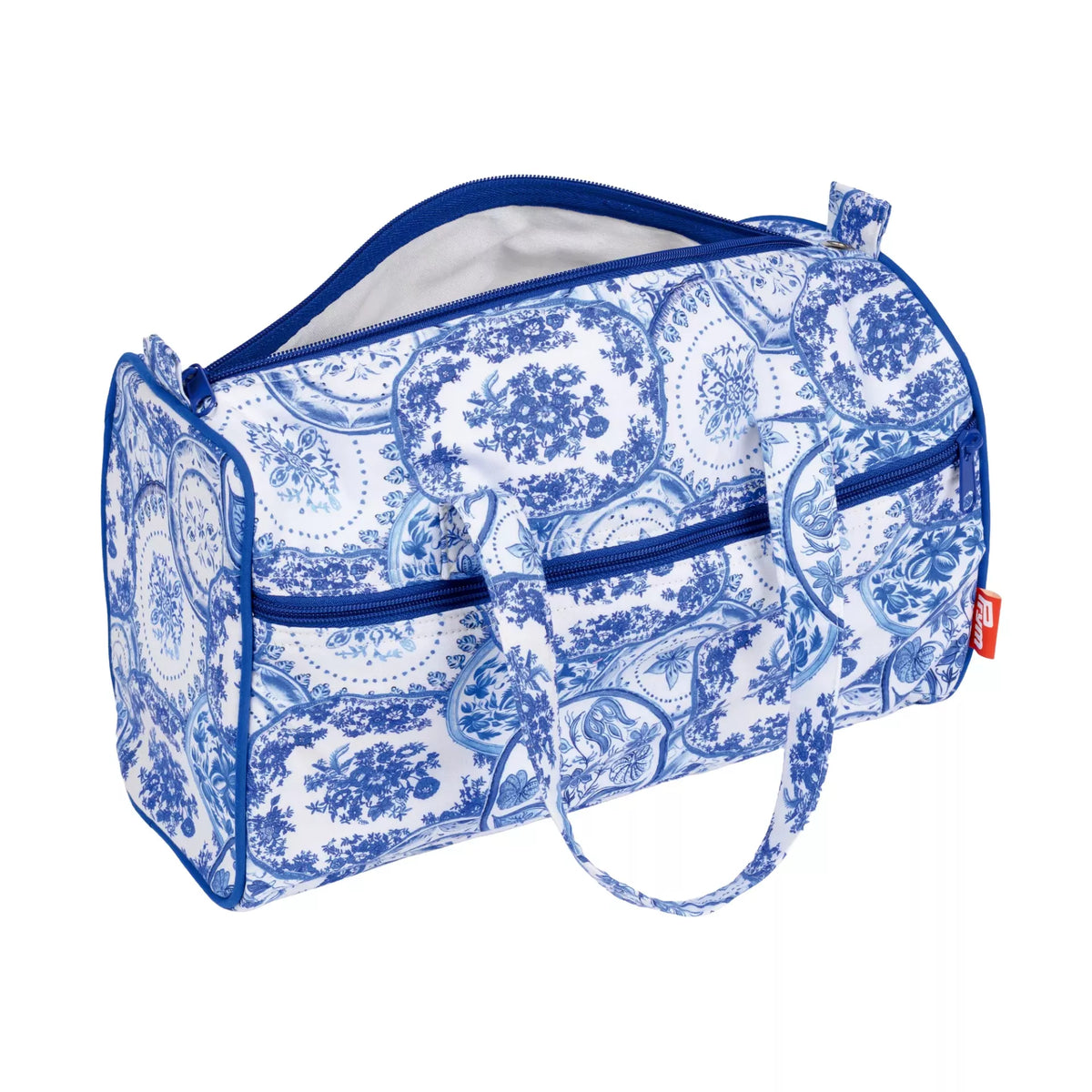 Project bag with a blue and white Delft floral pattern, featuring zippers and carrying handles.