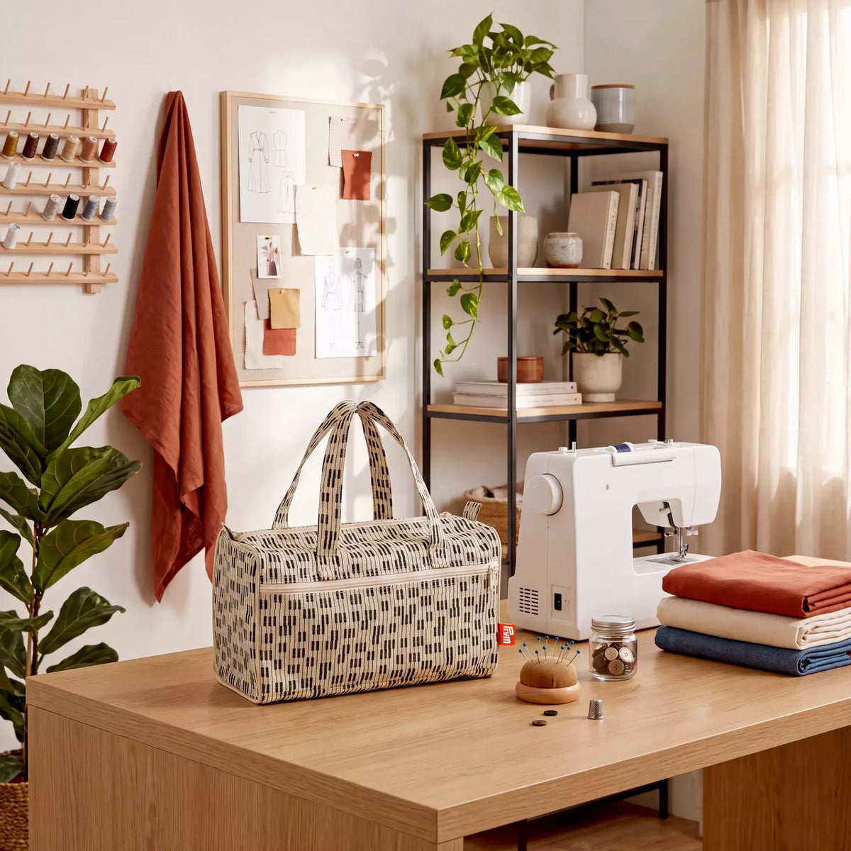 Cream and black patterned project bag on a wooden desk next to a sewing machine and fabric.