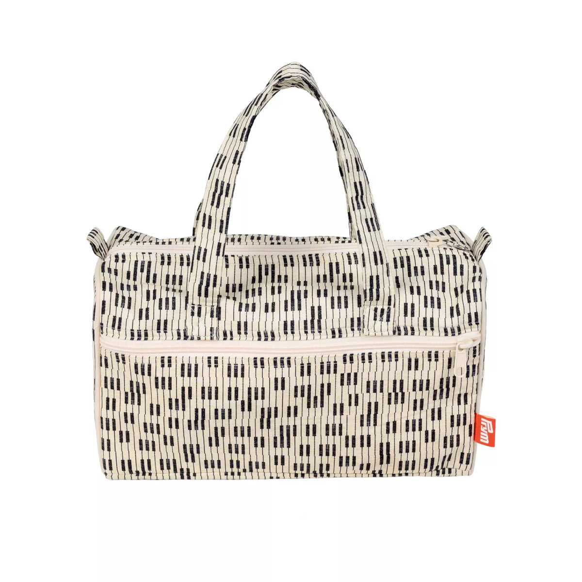 Cream and black Piano pattern project bag with handles and a front zippered pocket.