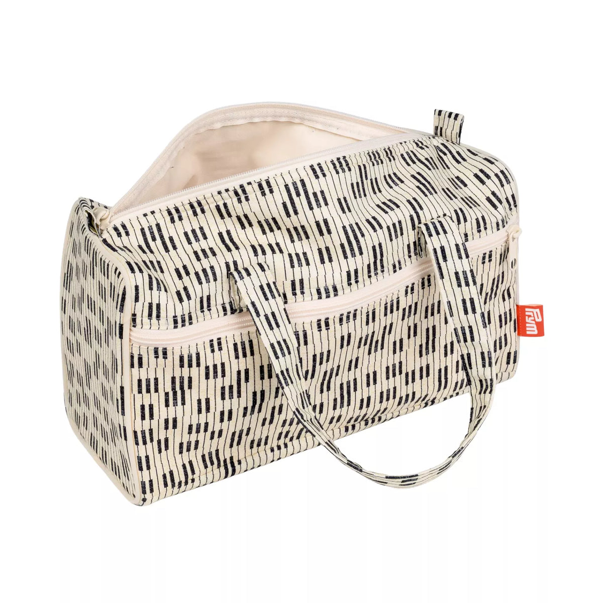 Prym Piano project bag in cream and black with a piano key pattern and shoulder strap.