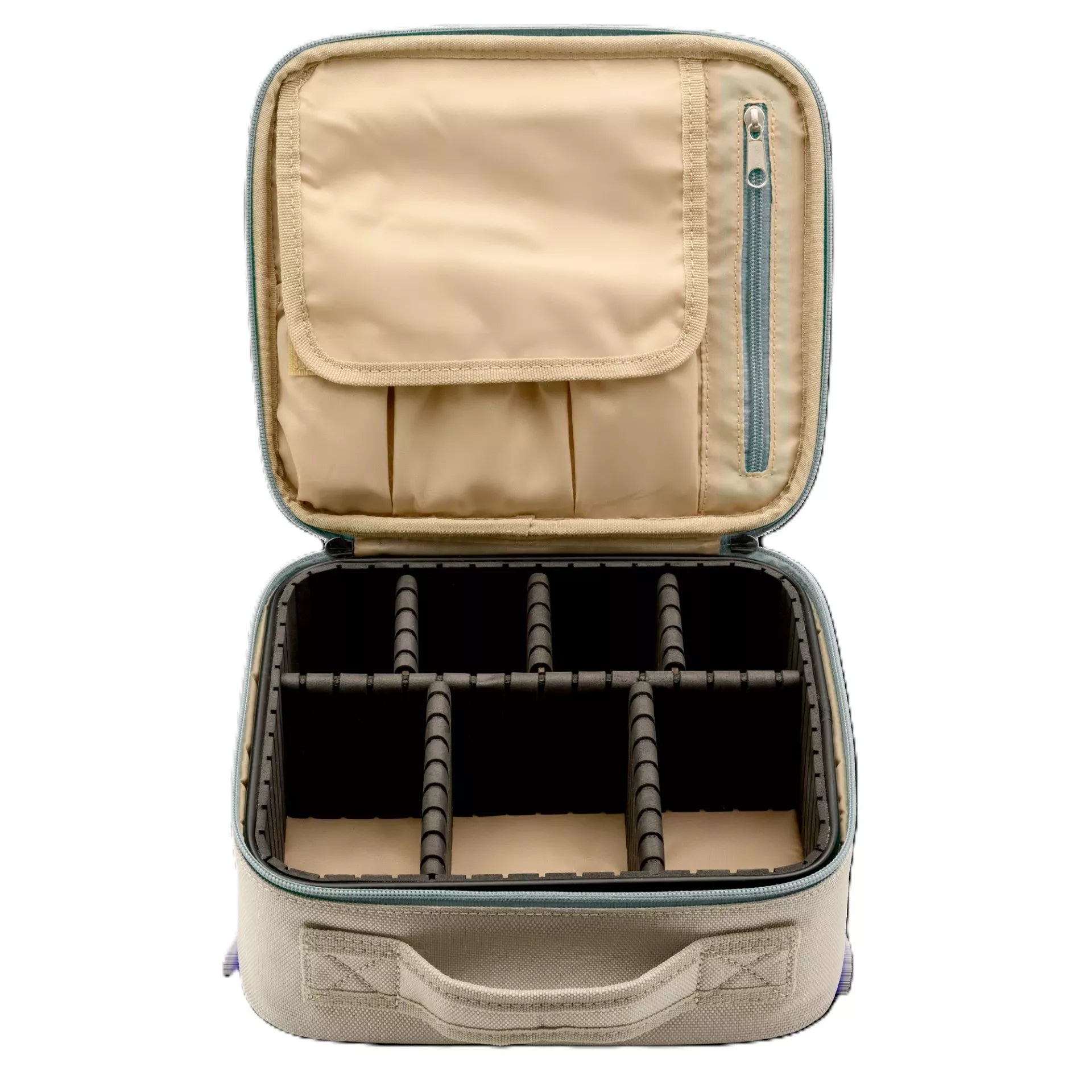 Beige nylon sewing case with adjustable dividers and multiple storage compartments.