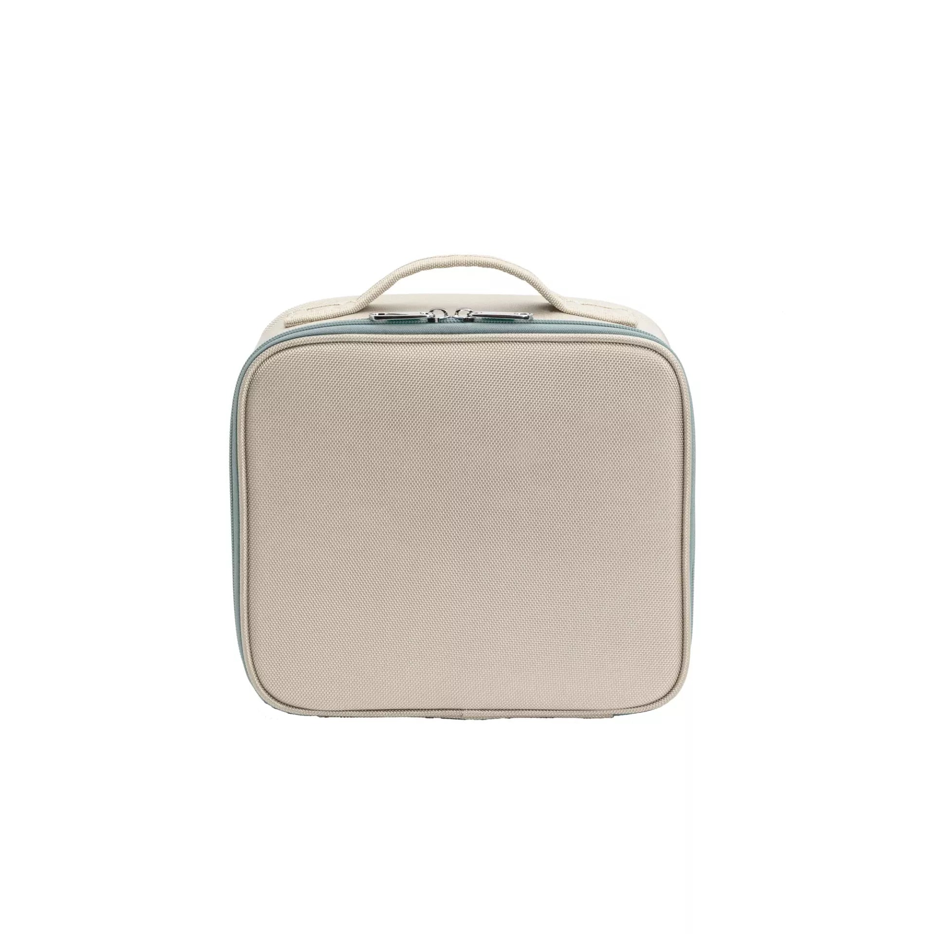 A beige nylon sewing case with a top handle and sage green zipper accents on a white background.