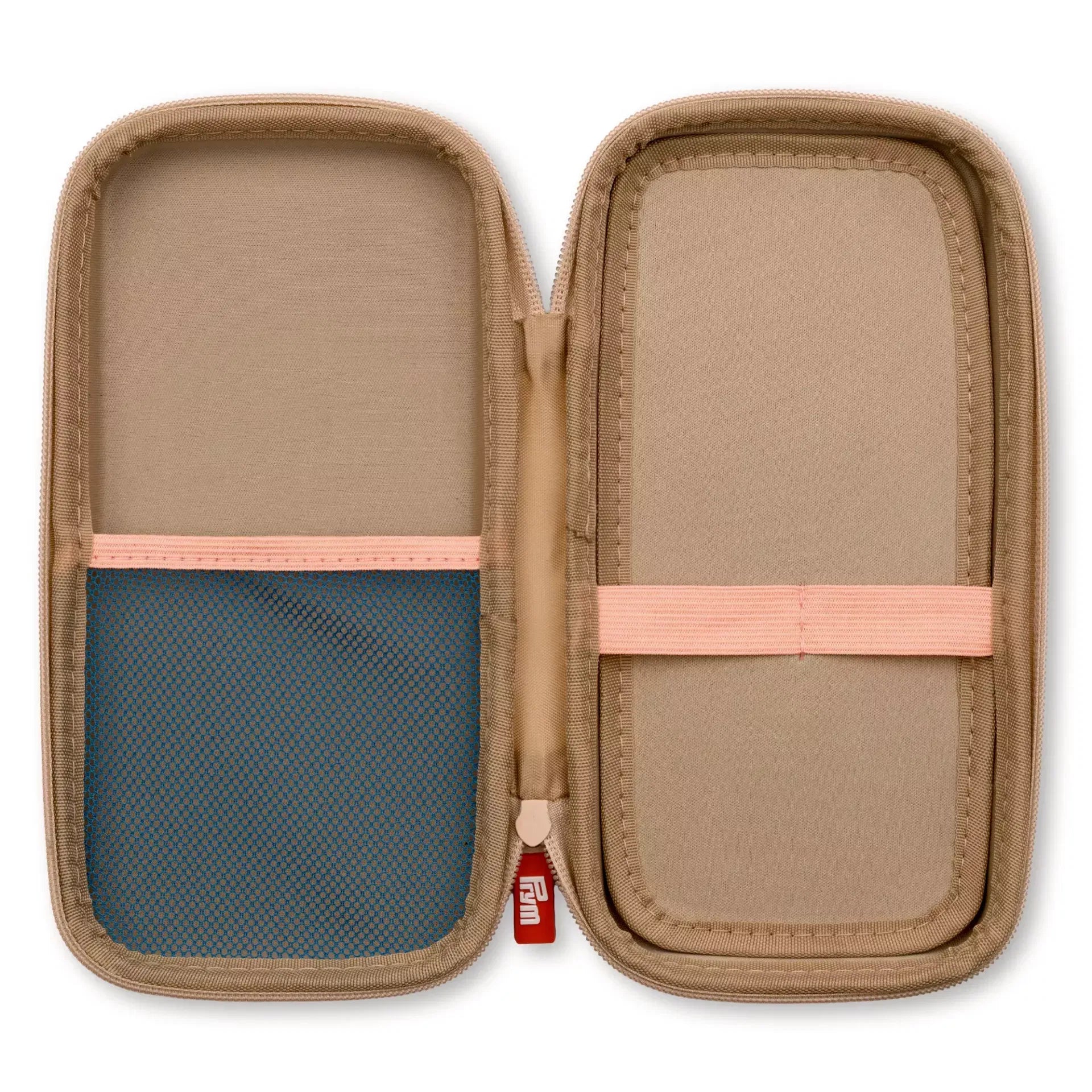 Open beige Prym universal case with a mesh pocket and elastic organizer straps.