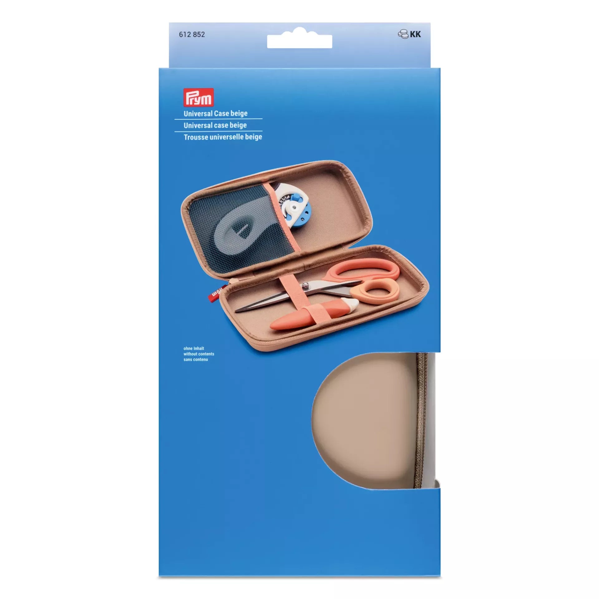 Prym beige universal storage case for sewing tools with a zipper and mesh pocket.