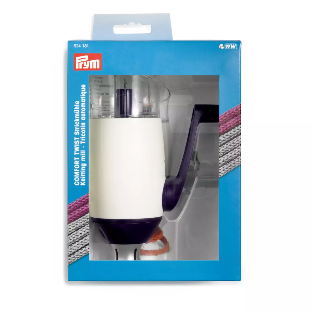 Prym Comfort Twist Knitting Mill in violet and white packaging with ergonomic handle and weight.