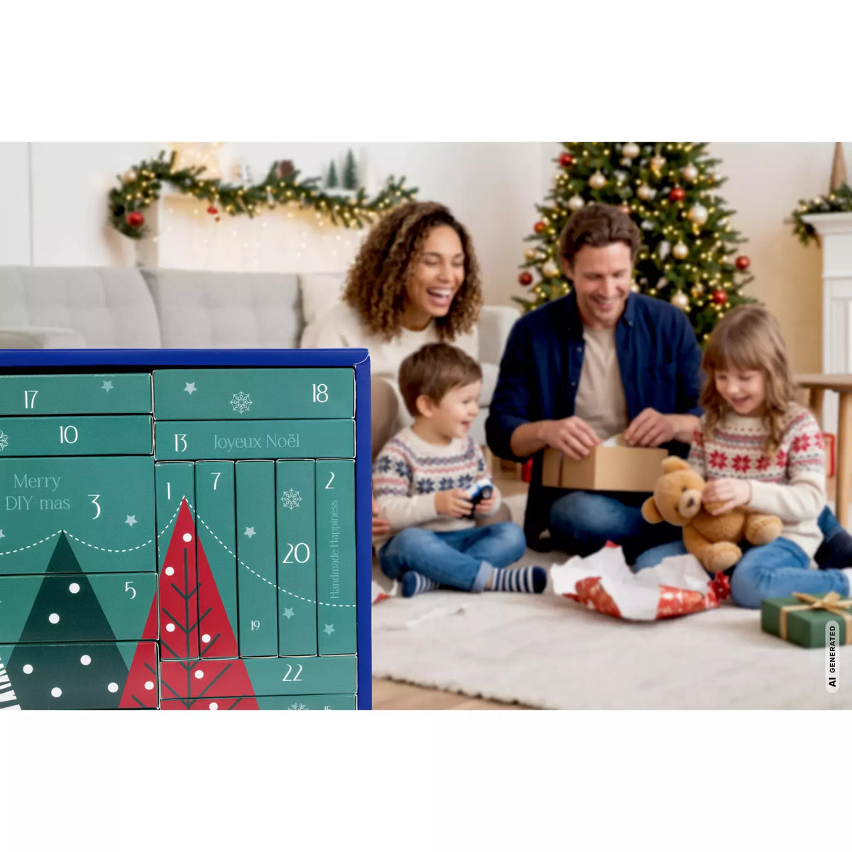 Prym DIY Advent calendar 2026 with a family opening gifts in front of a Christmas tree.