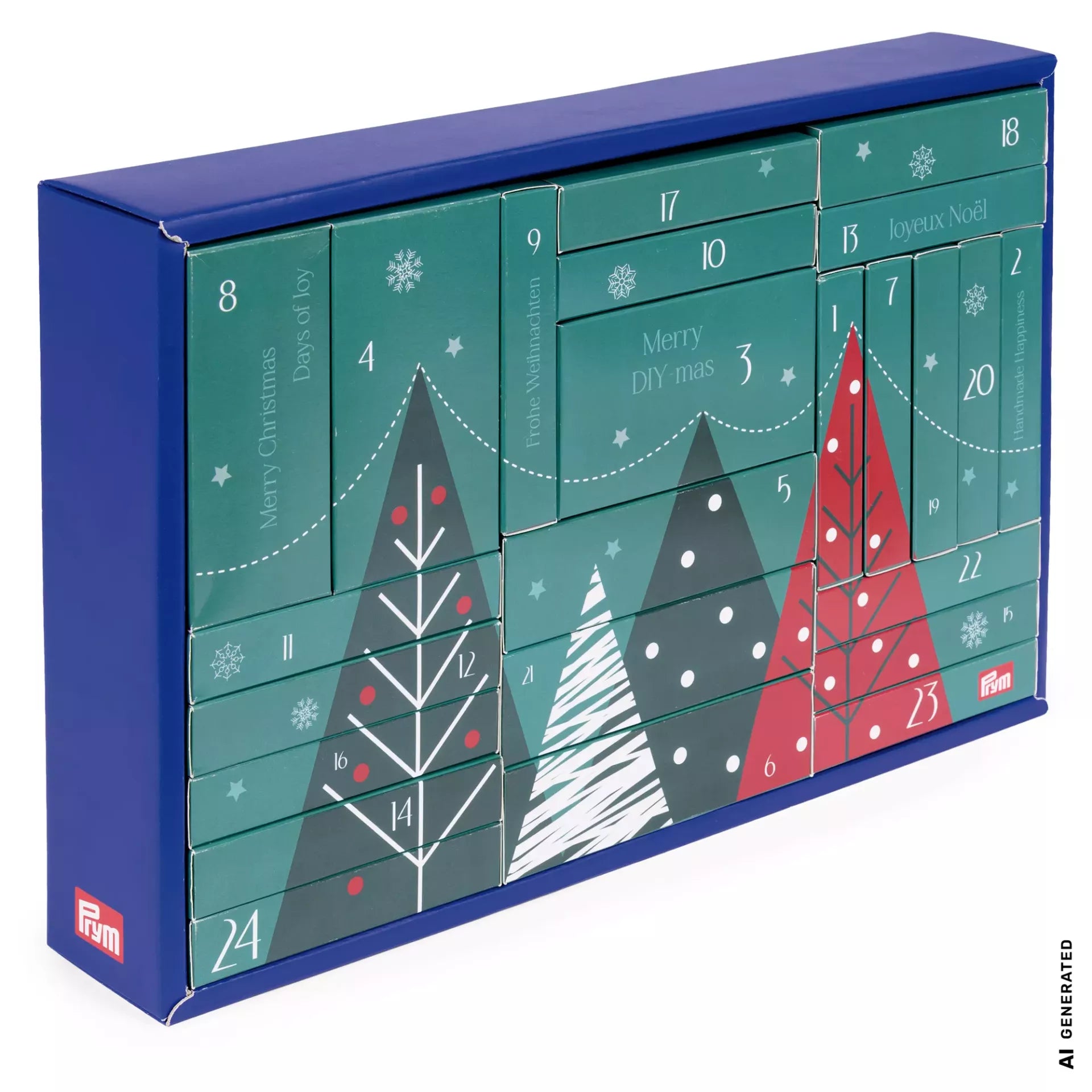 Prym DIY Advent calendar 2026 with 24 numbered boxes featuring festive Christmas tree designs.