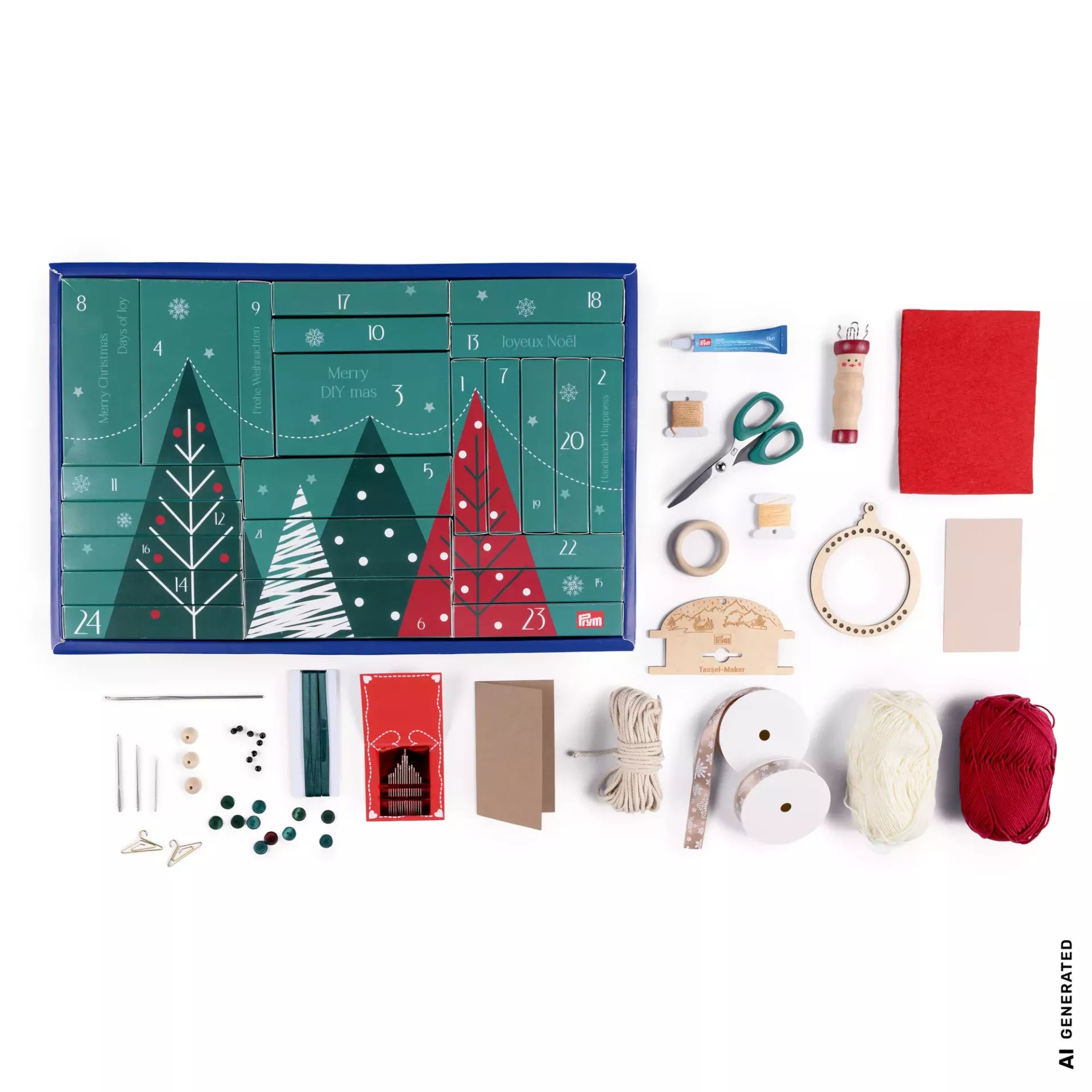 Prym DIY Advent calendar 2026 with 24 boxes and various craft tools, yarn, and sewing materials.