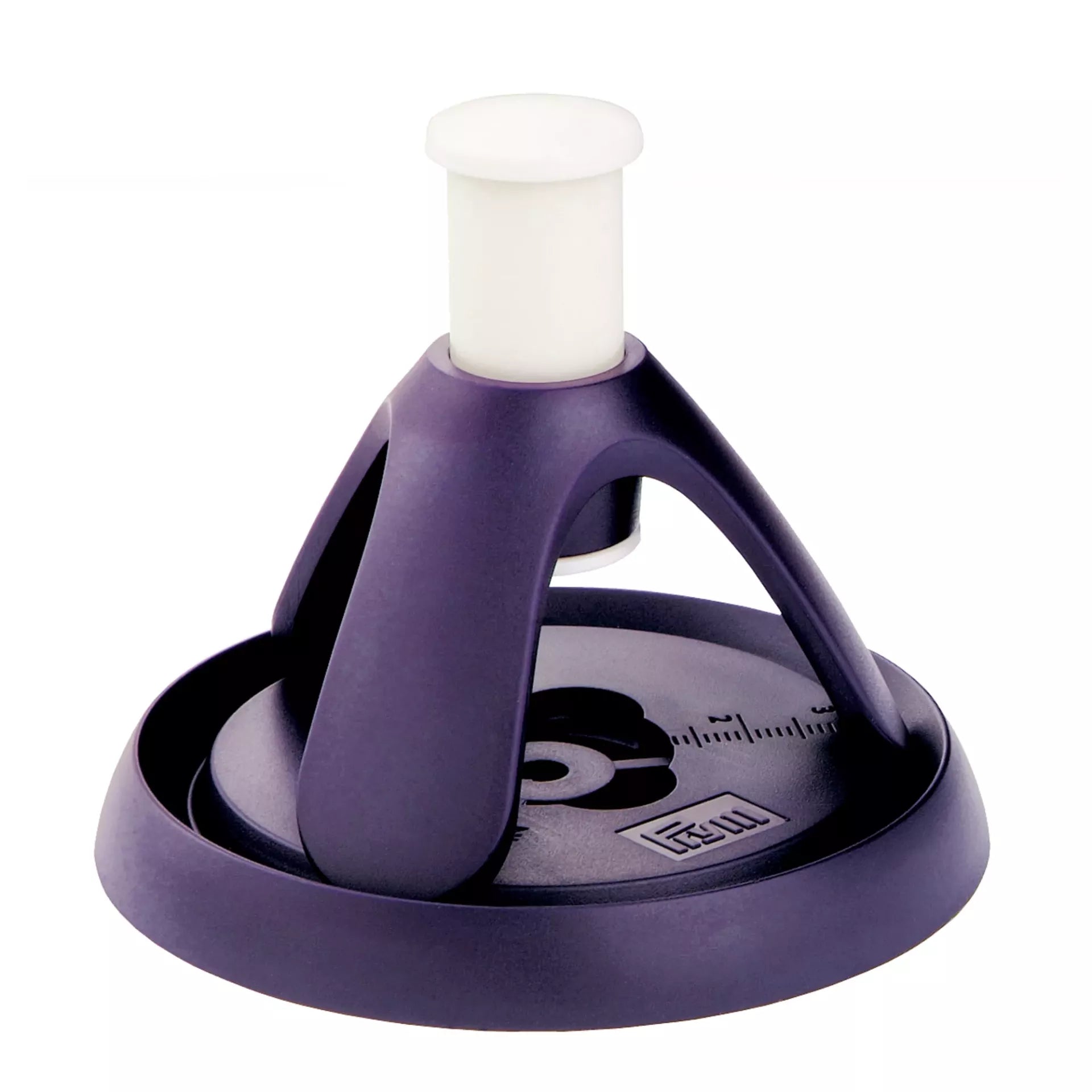 Violet Prym ergonomics tripod tool for non-sew fasteners with white plunger and circular base.