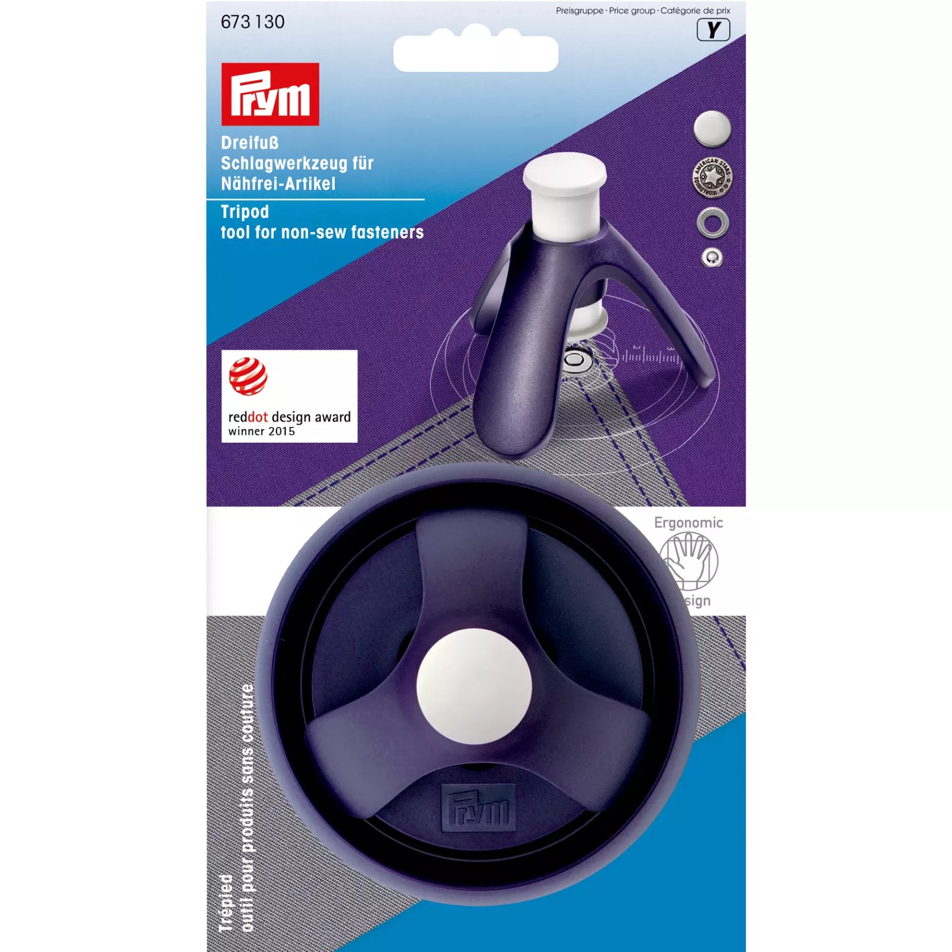 Prym Tripod tool for non-sew fasteners in violet, featuring an ergonomic three-legged design.