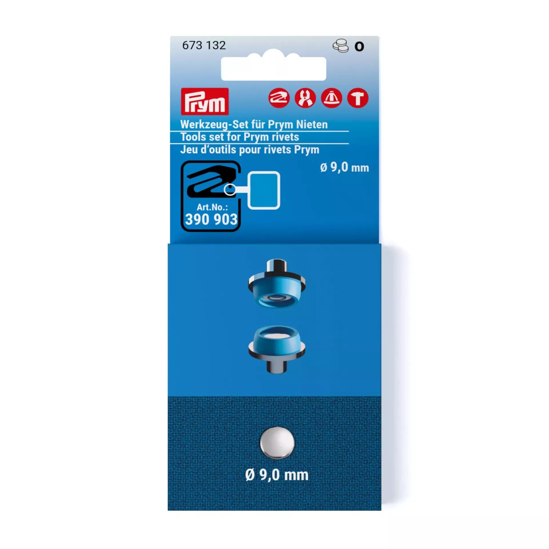 Prym tool set for 9 mm rivets, featuring blue and silver-colored components on blue packaging.