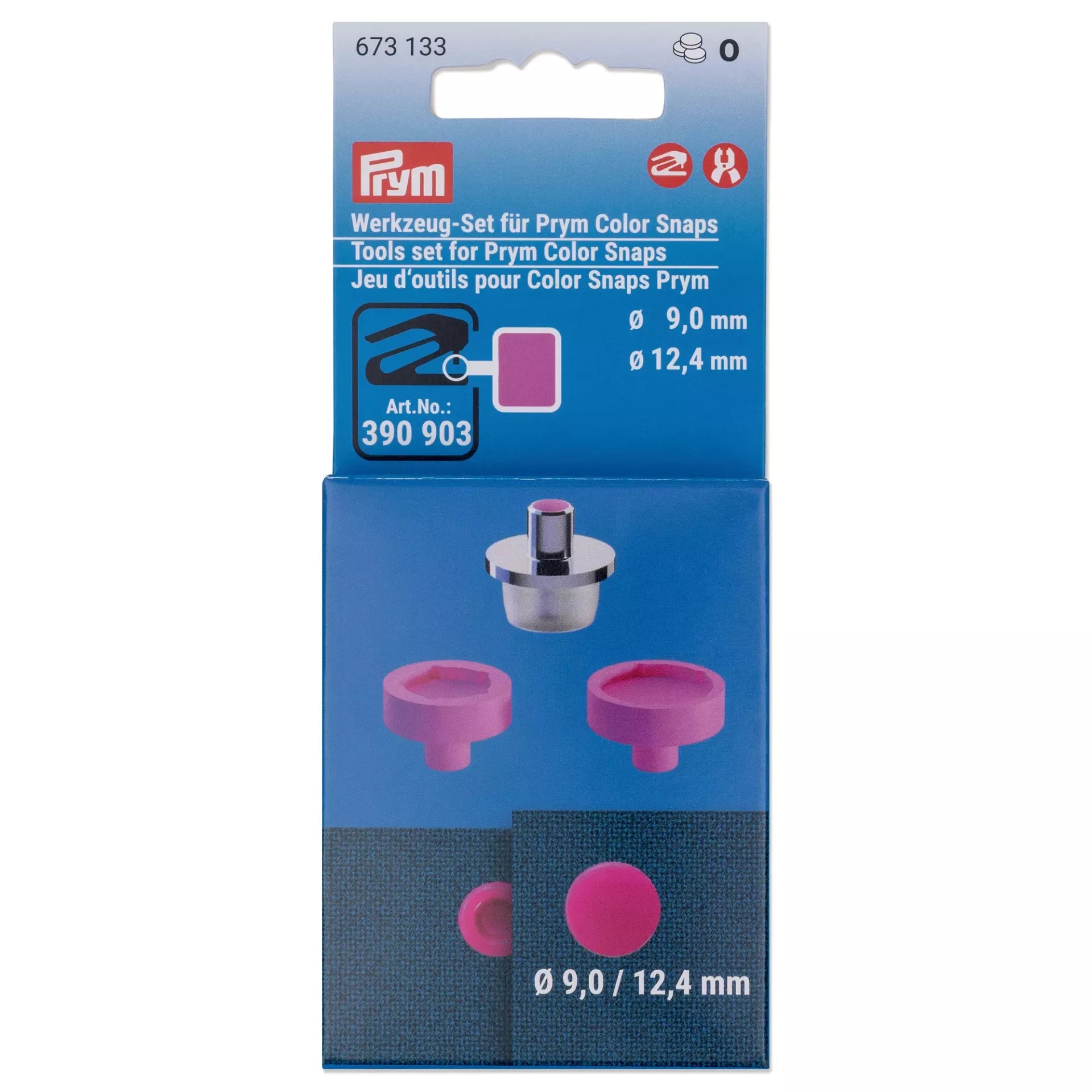 Prym tool set for 9mm and 12.4mm Color Snaps in fuchsia and silver packaging.