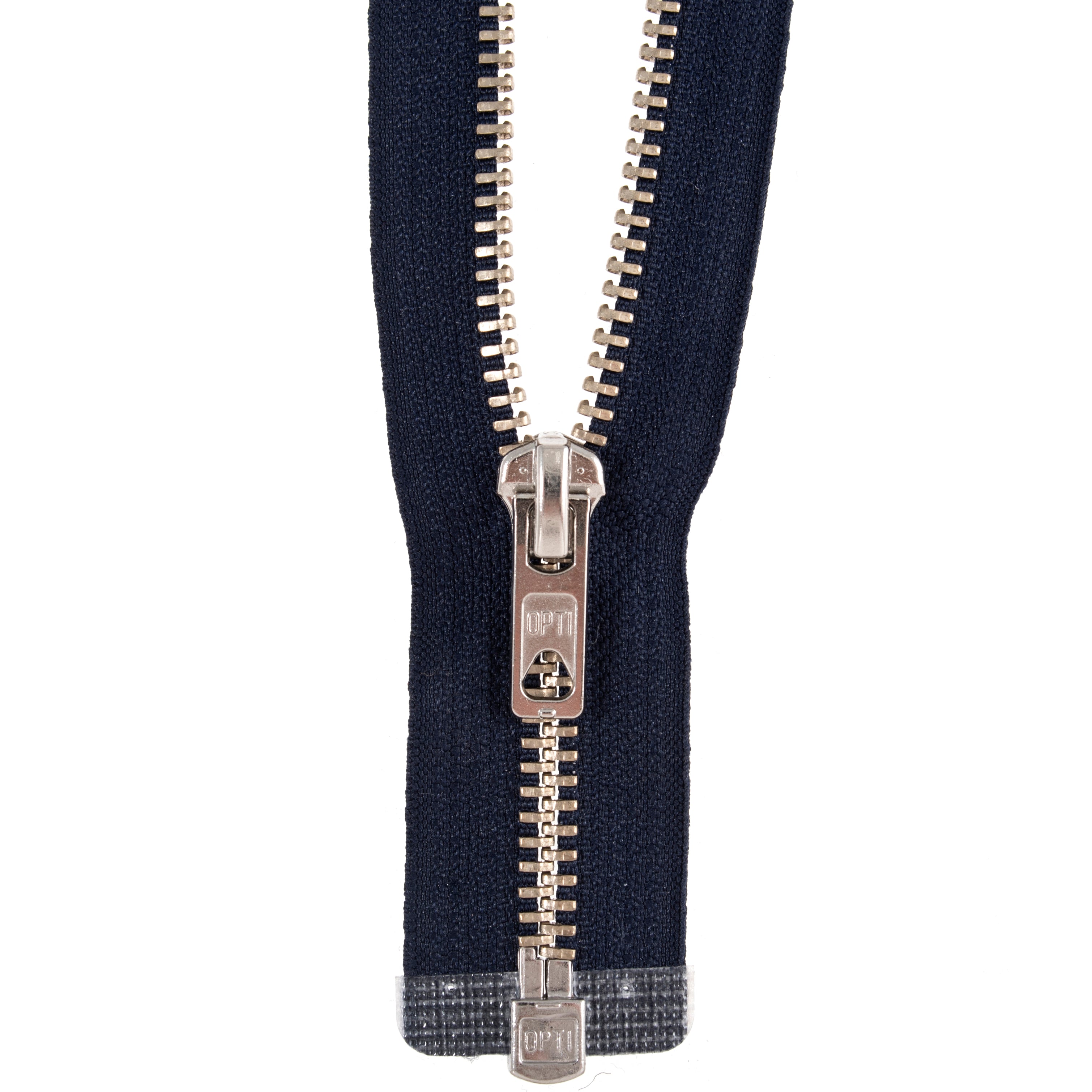 Opti metal open end zipper with silver and gold teeth on navy fabric.