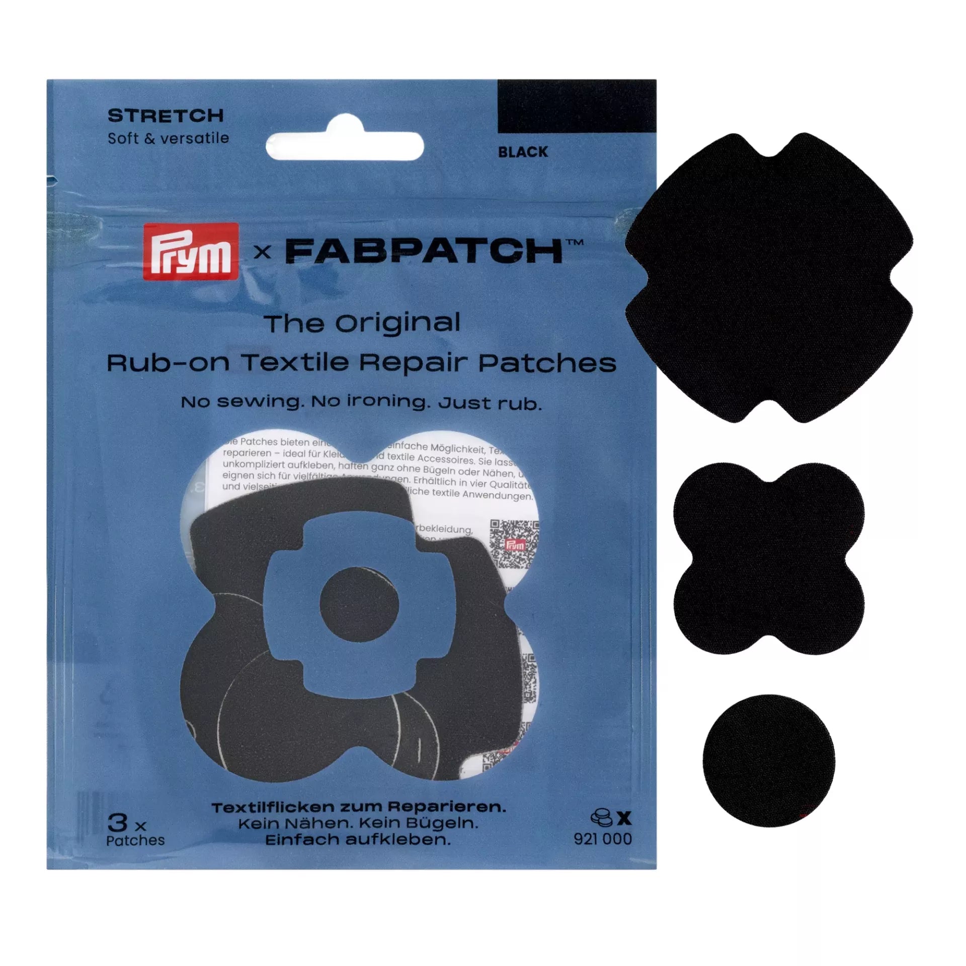 Prym Rub-on Stretch Patches in three black shapes for self-adhesive textile repair.